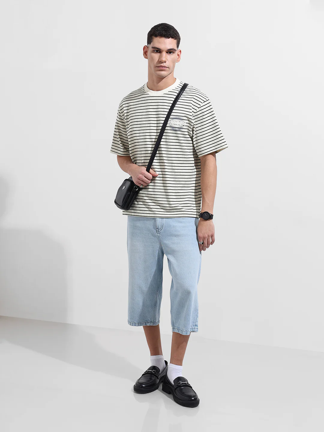 Men's Grey Relaxed Fit Striped 240 GSM Street Wear T-Shirt - Image 2