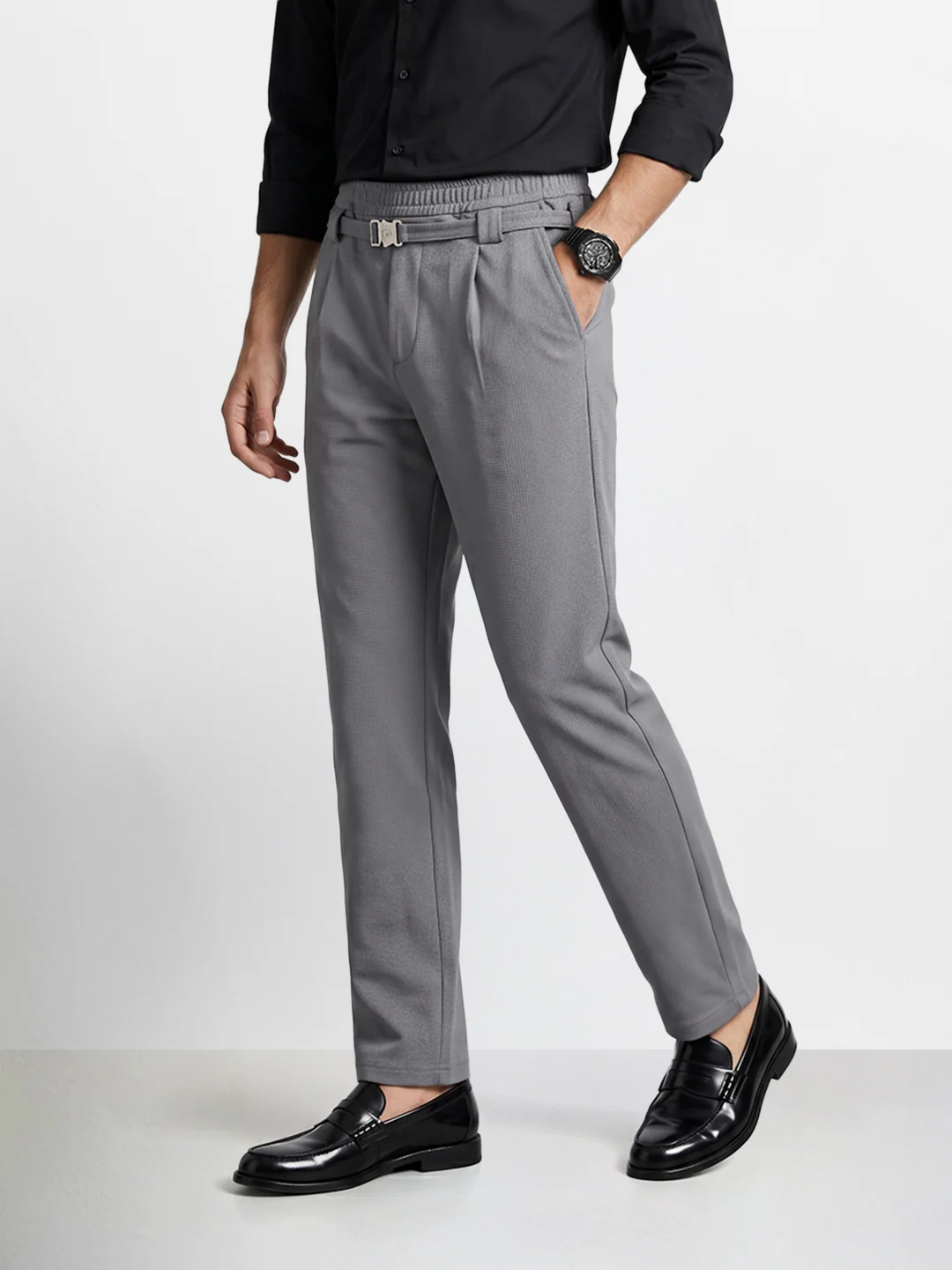 Men's Grey Relaxed Staright Fit Solid Casual Trousers - Image 4