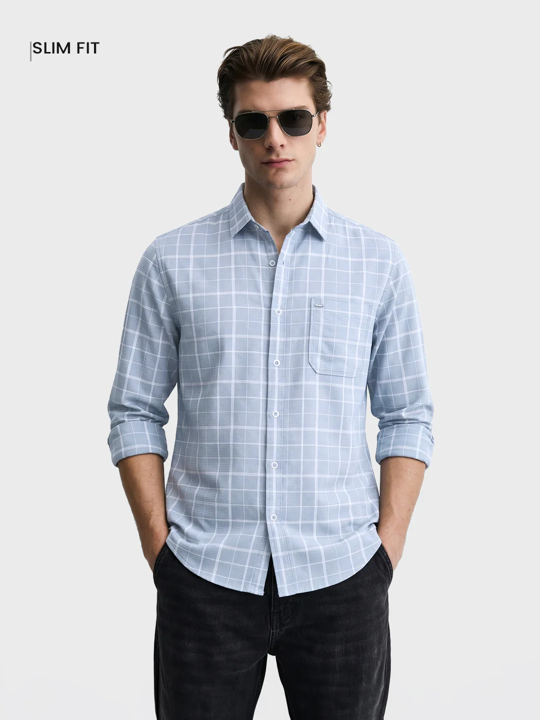 Men's Grey Slim Fit Checkered Casual Shirt - Image 2