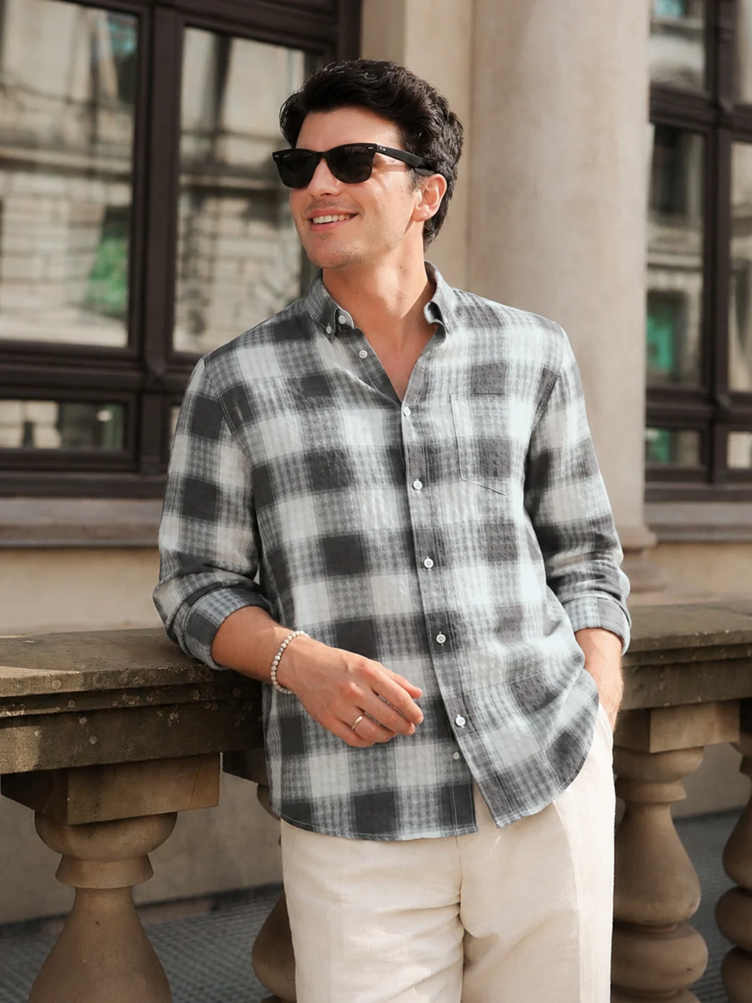 Men's Grey Slim Fit Checkered Casual Shirt