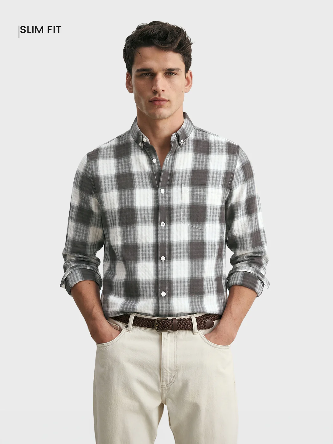 Men's Grey Slim Fit Checkered Casual Shirt - Image 2