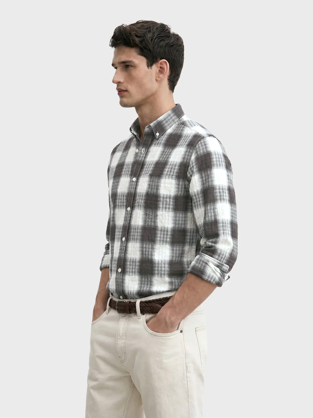Men's Grey Slim Fit Checkered Casual Shirt - Image 4