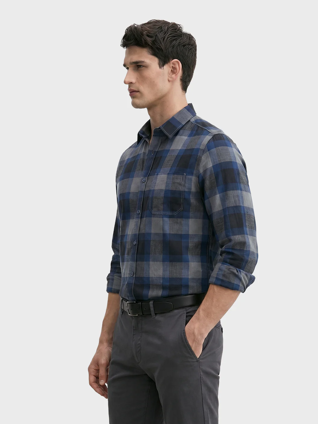 Men's Grey Slim Fit Checkered Casual Shirts - Image 4