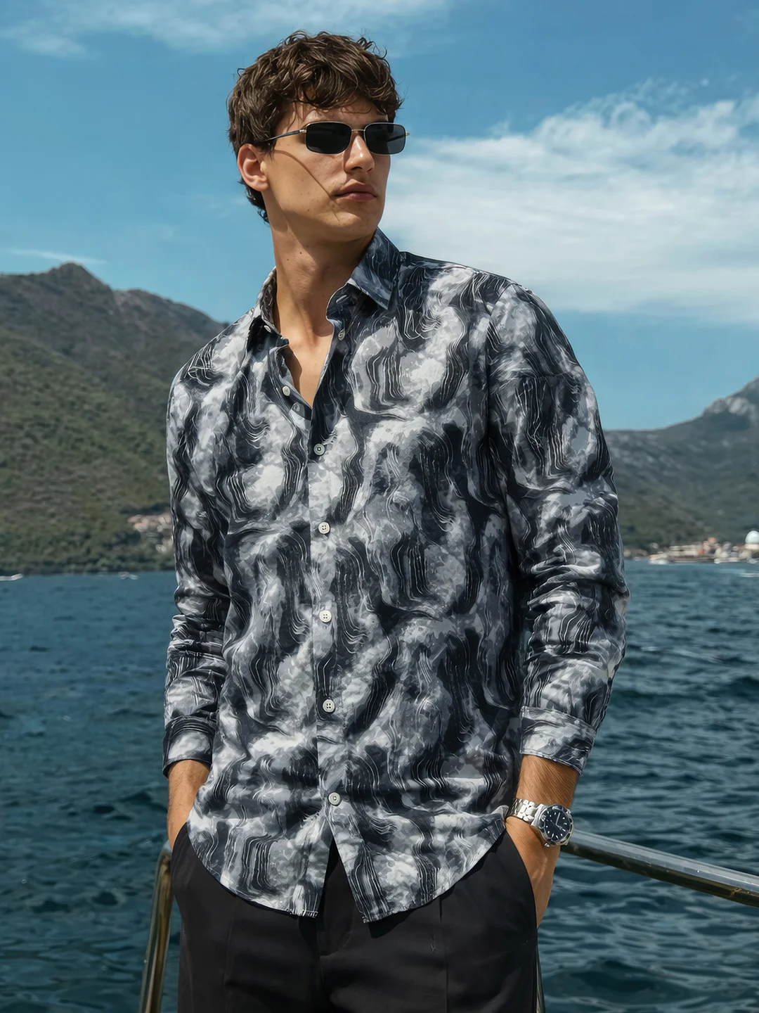 Men's Grey Slim Fit Party Wear Printed Shirt