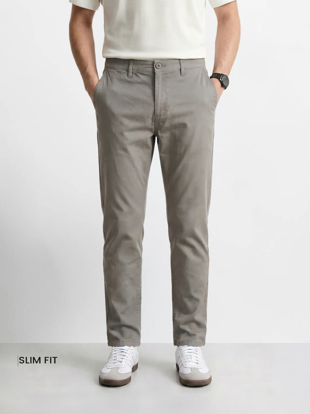 Men's Grey Slim Fit Solid Casual Chino - Image 2