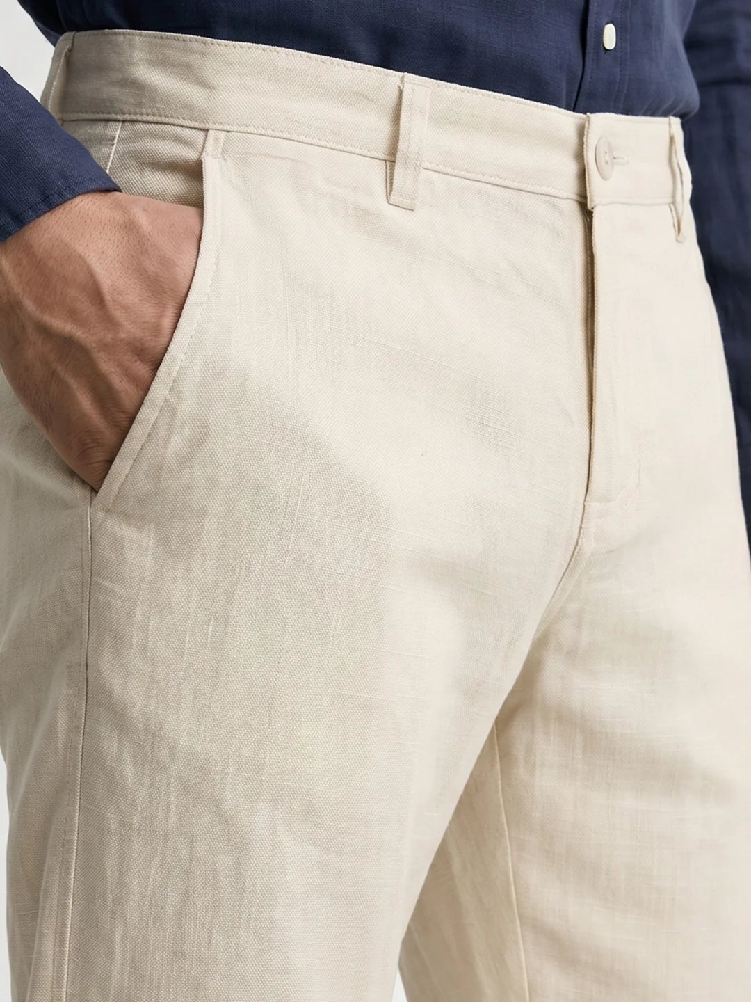 Men's Cream Slim Fit Solid Casual Chinos - Image 3