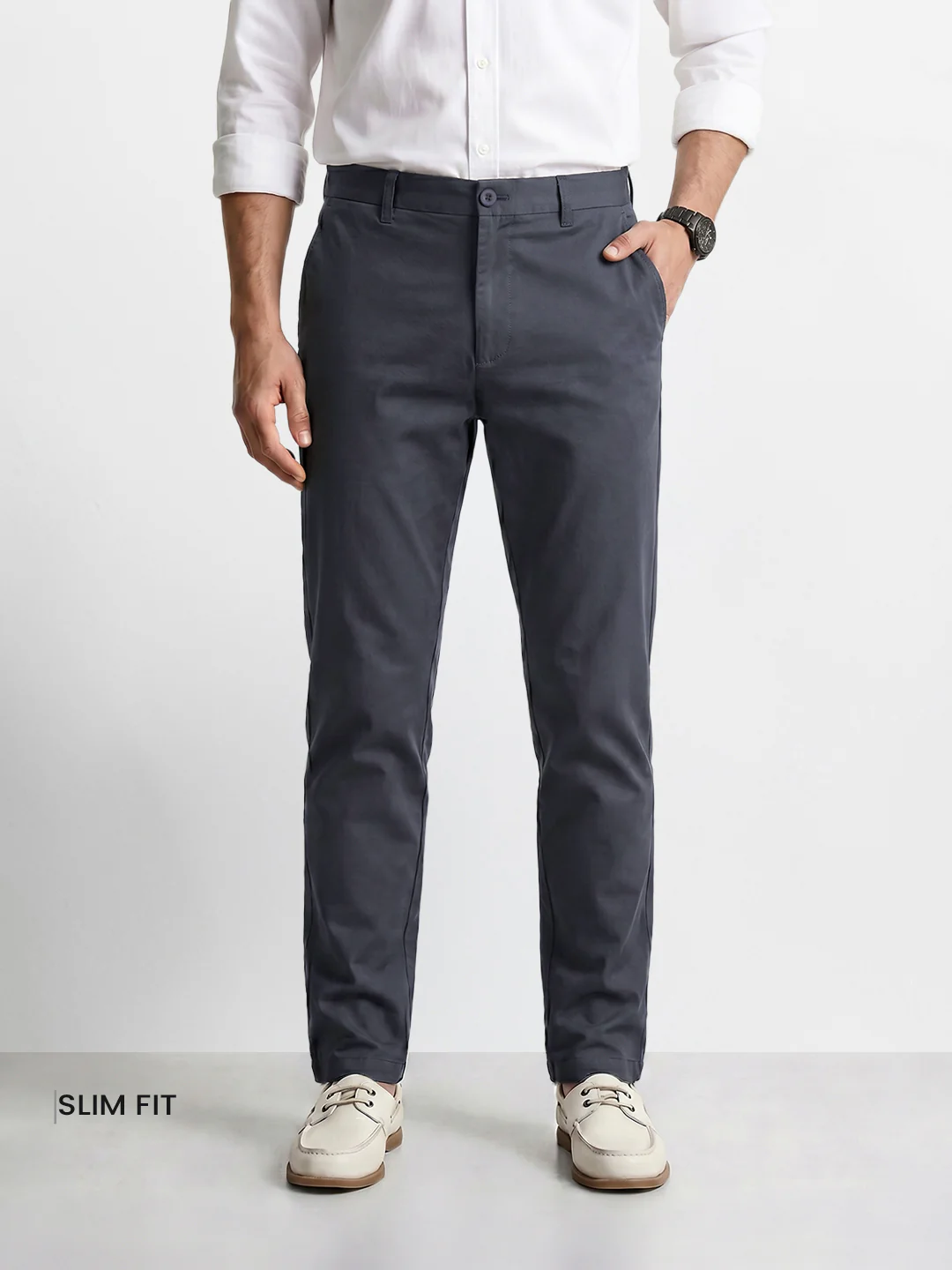 Men's Grey Slim Fit Solid Casual Chinos - Image 2