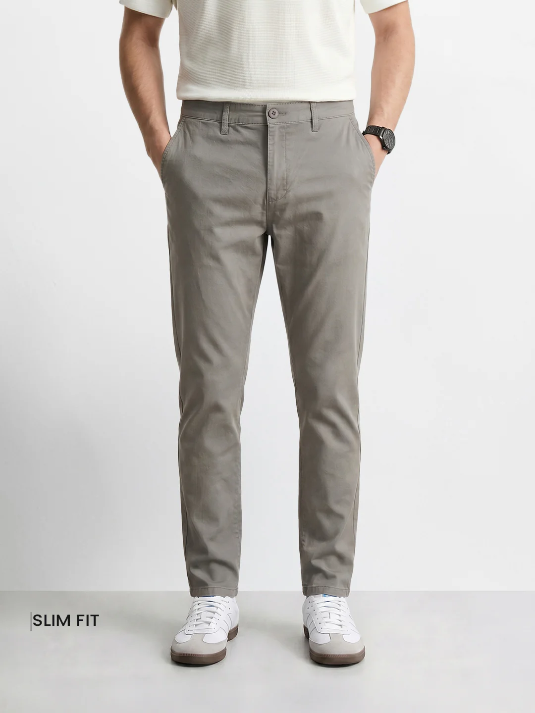 Men's Grey Slim Fit Solid Casual Chinos - Image 2