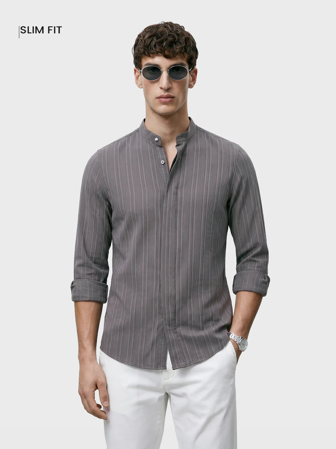 Men's Grey Slim Fit Solid Casual Shirt - Image 2