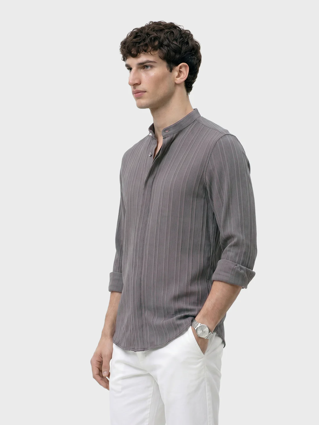 Men's Grey Slim Fit Solid Casual Shirt - Image 4