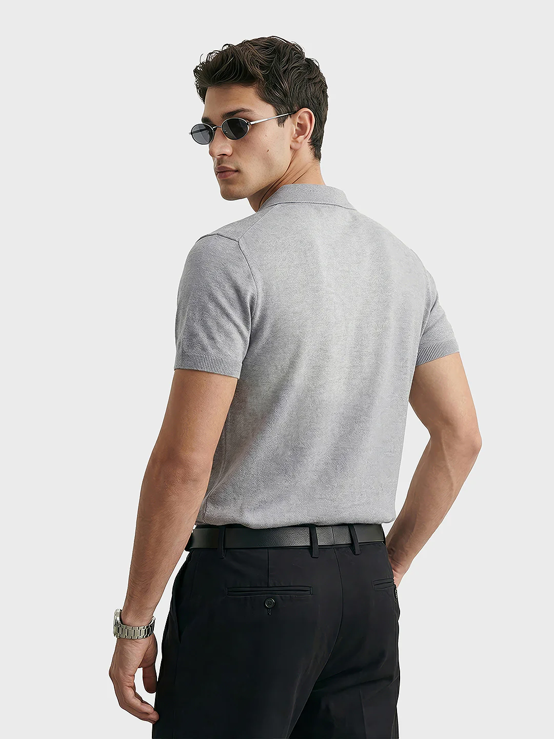 Men's Grey Slim Fit Solid Casual Polo T-Shirt - Image 4