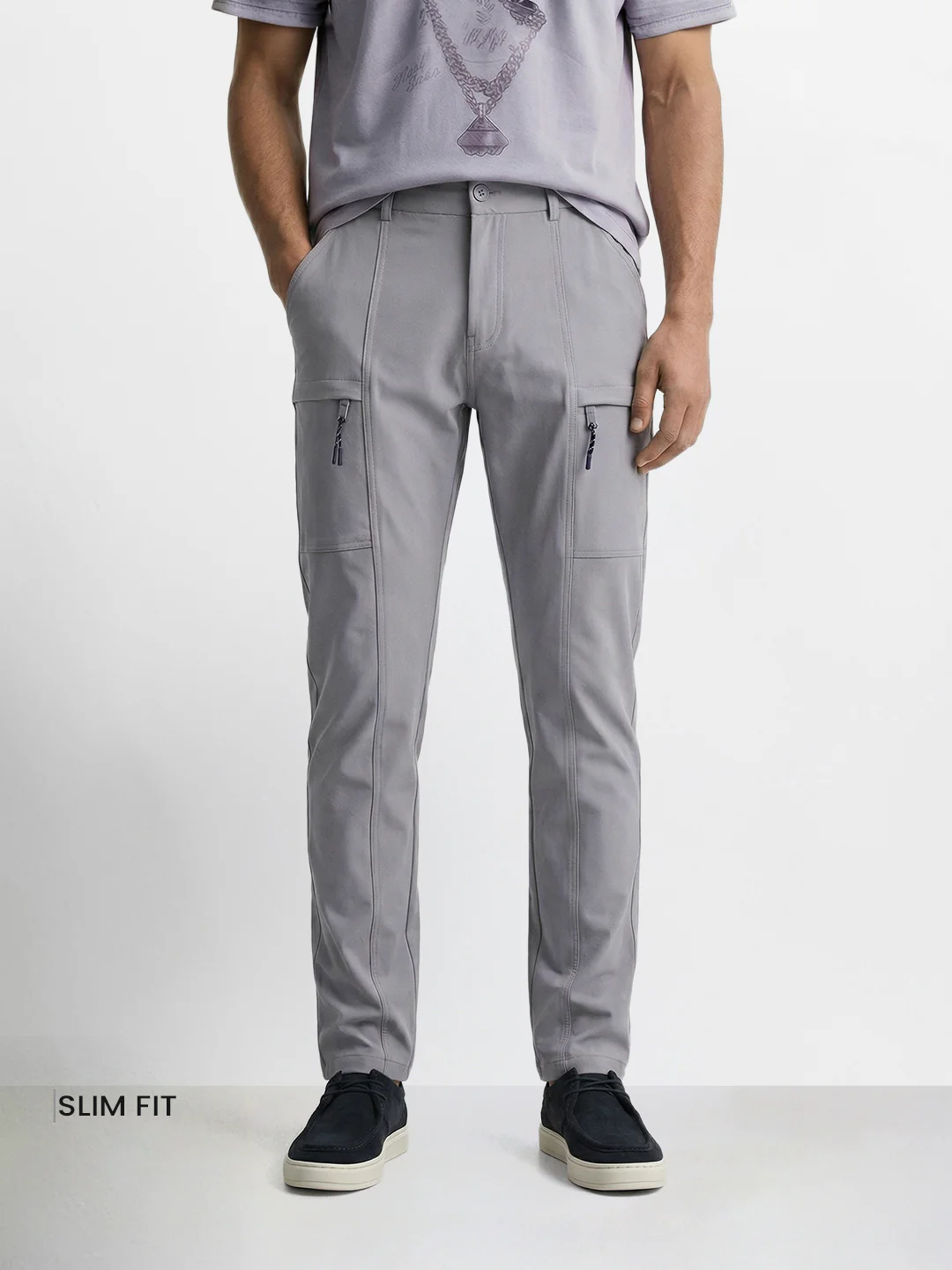 Men's Grey Slim Fit Solid Utility Cargo