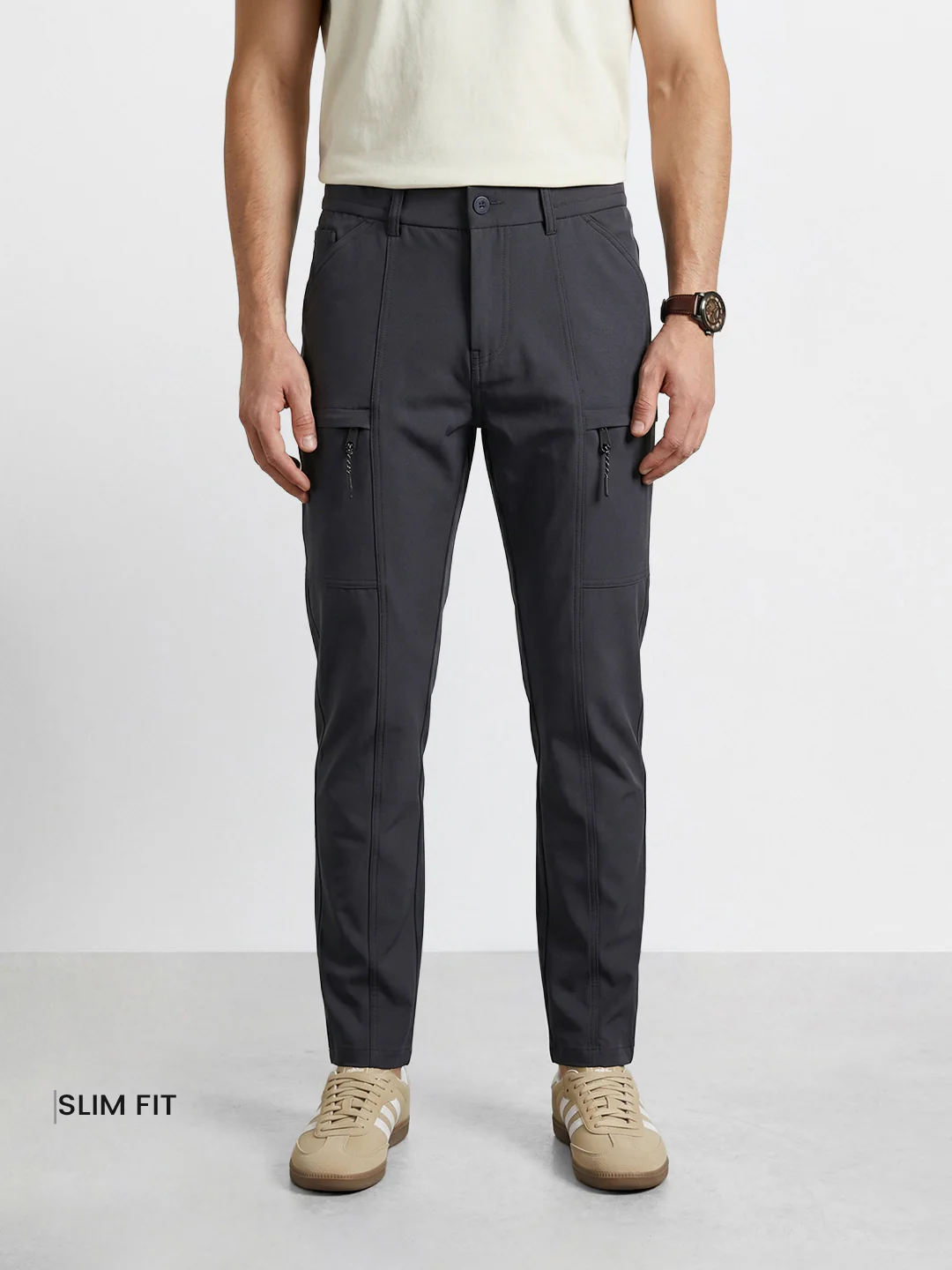 Men's Grey Slim Fit Solid Utility Cargo