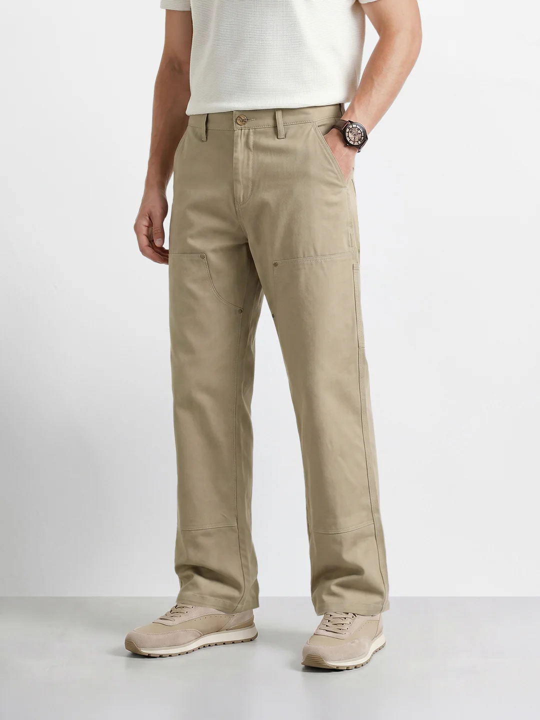 Men's Khaki Baggy Fit Solid Utility Trousers - Image 4