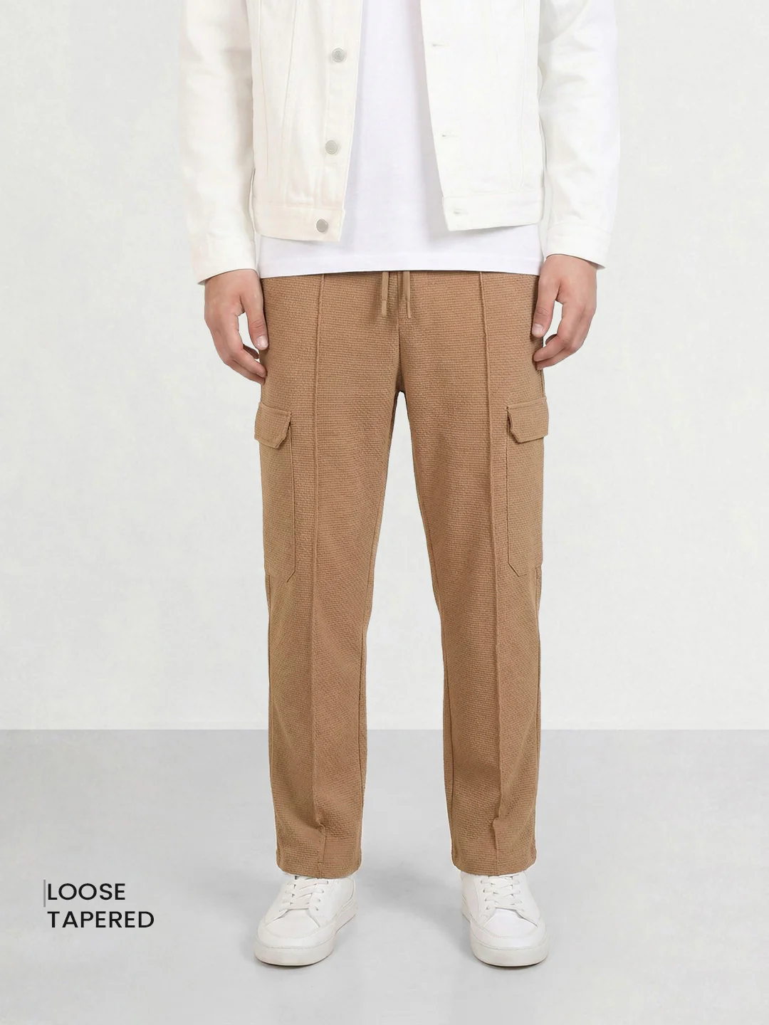 Men's Khaki Loose Fit Textured Casual Joggers
