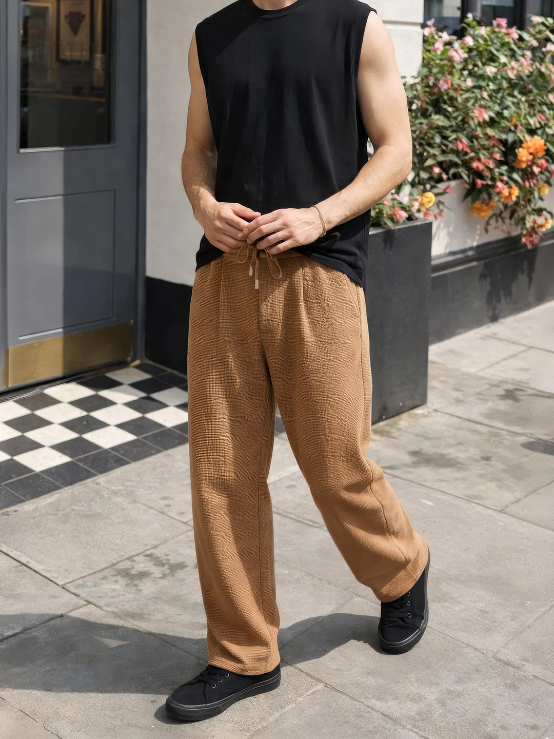 Men's Khaki Relaxed Fit Textured Casual Joggers
