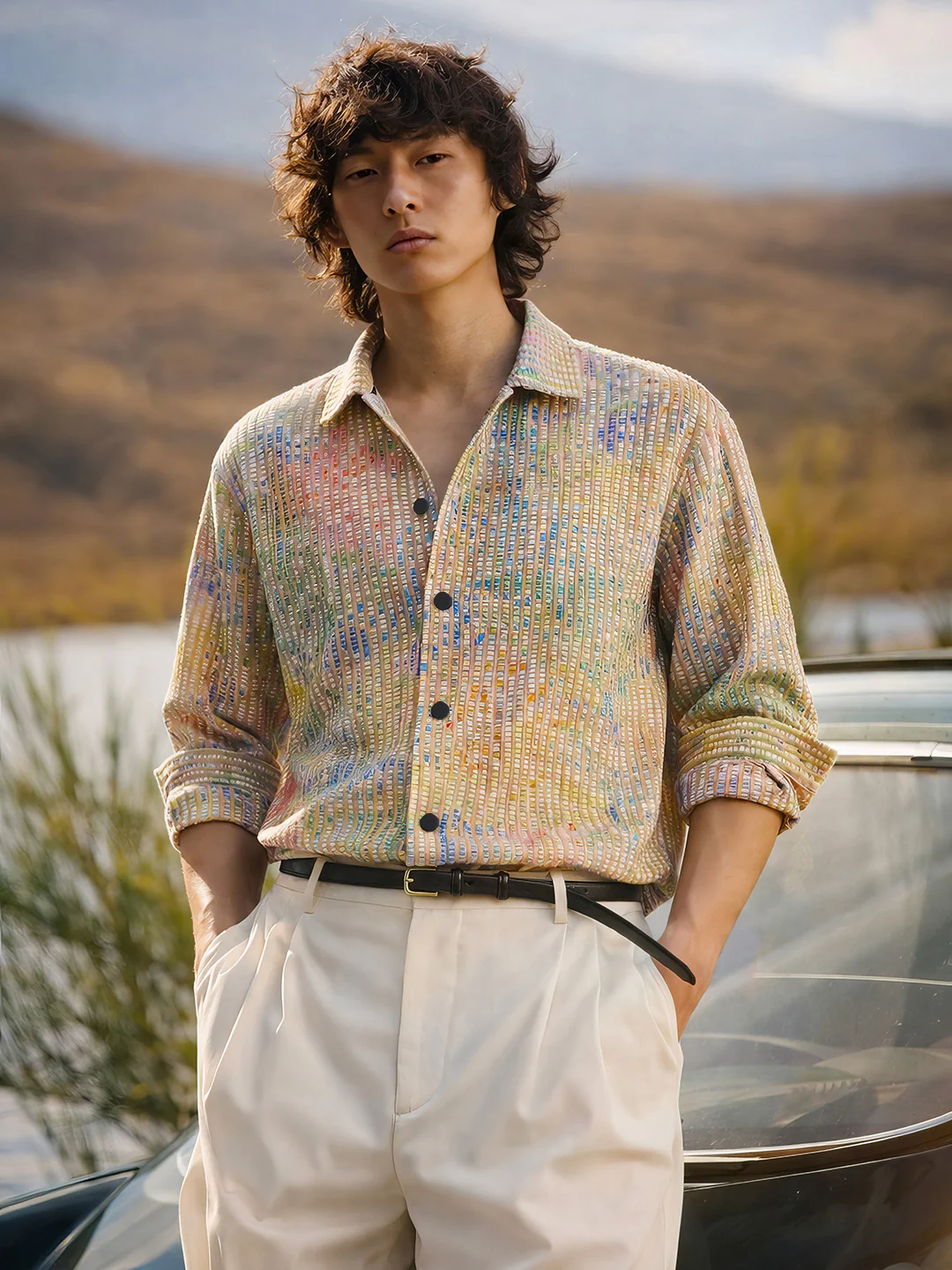 Men's Khaki Regular Fit Textured Casual Shirts