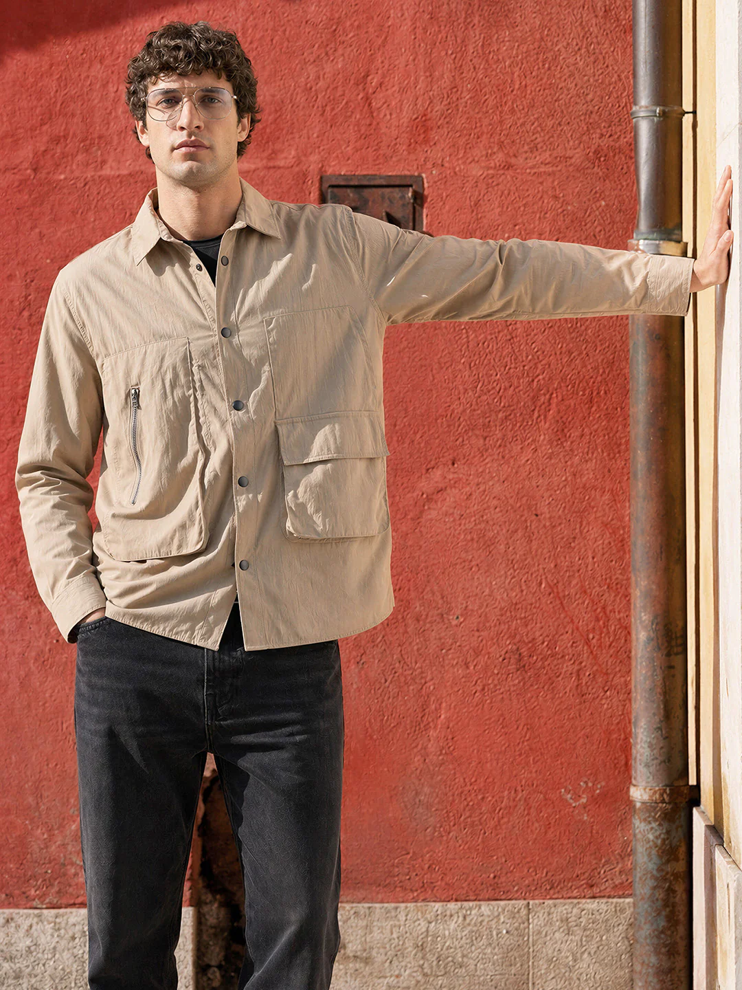 Men's Khaki Relaxed Fit Solid Casual Shirts - Image 4