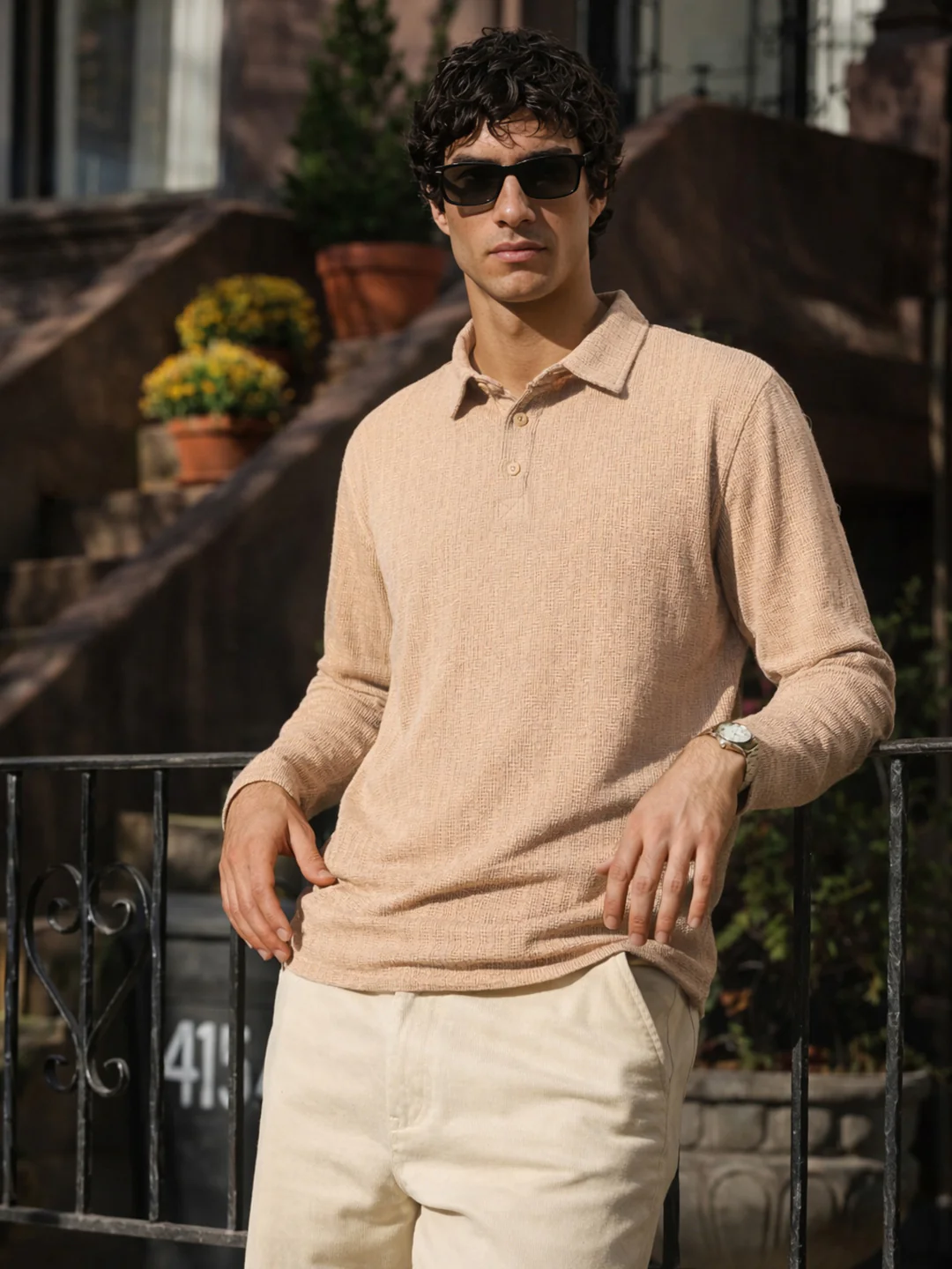 Men's Khaki Relaxed Fit Textured Casual T-Shirts