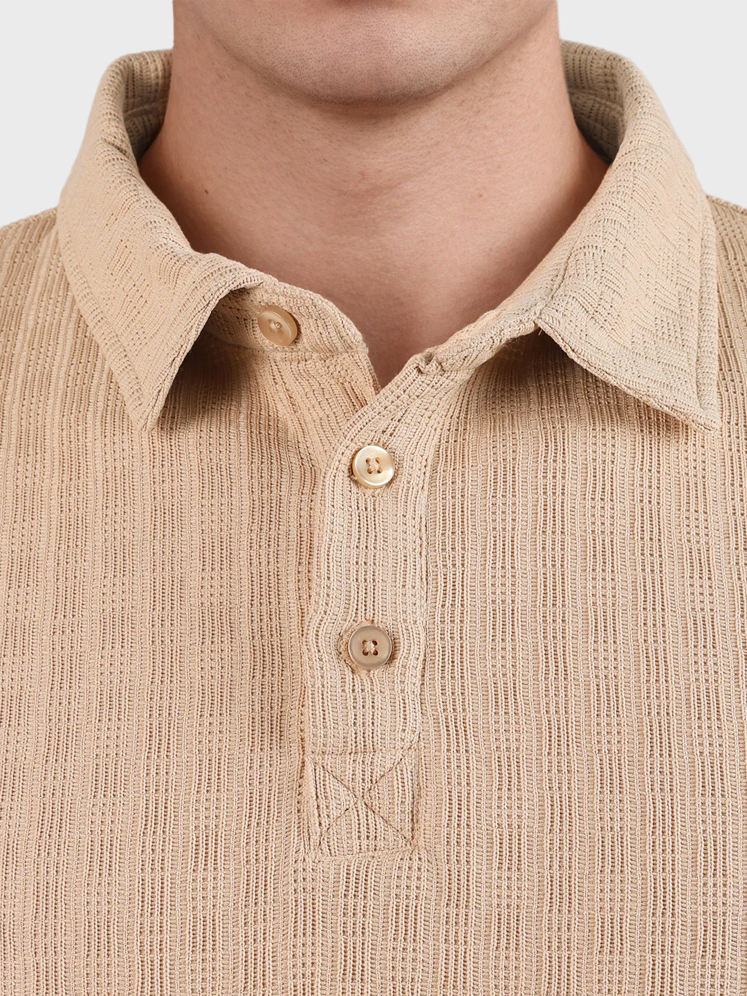 Men's Khaki Relaxed Fit Textured Casual T-Shirts - Image 3
