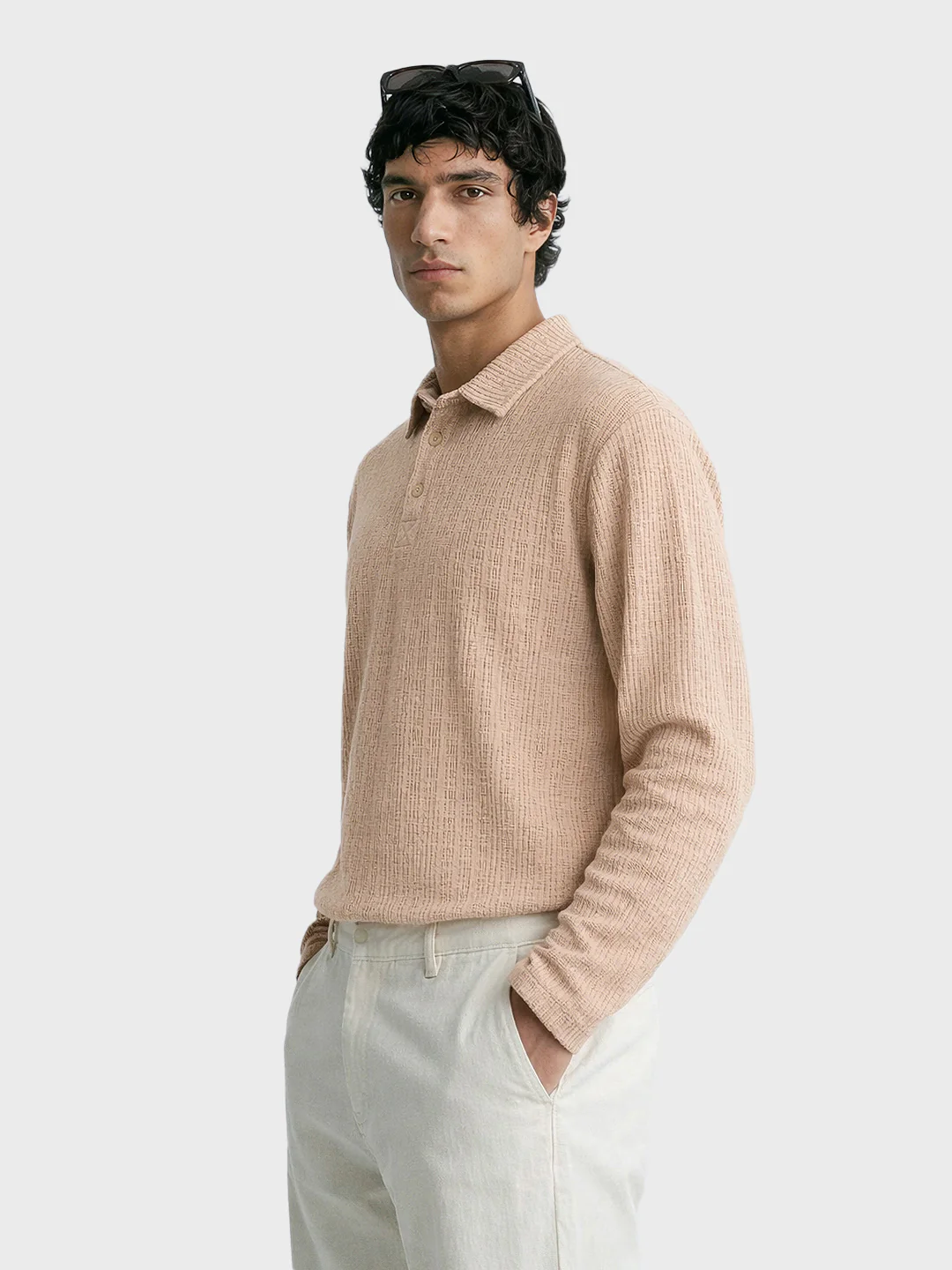 Men's Khaki Relaxed Fit Textured Casual T-Shirts - Image 4