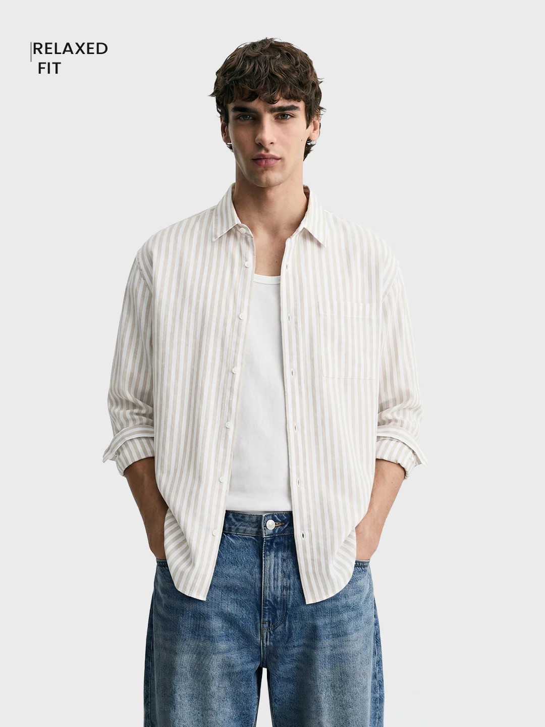 Men's Khaki Super Relaxed Fit Vertical Stripes Casual Shirt - Image 2