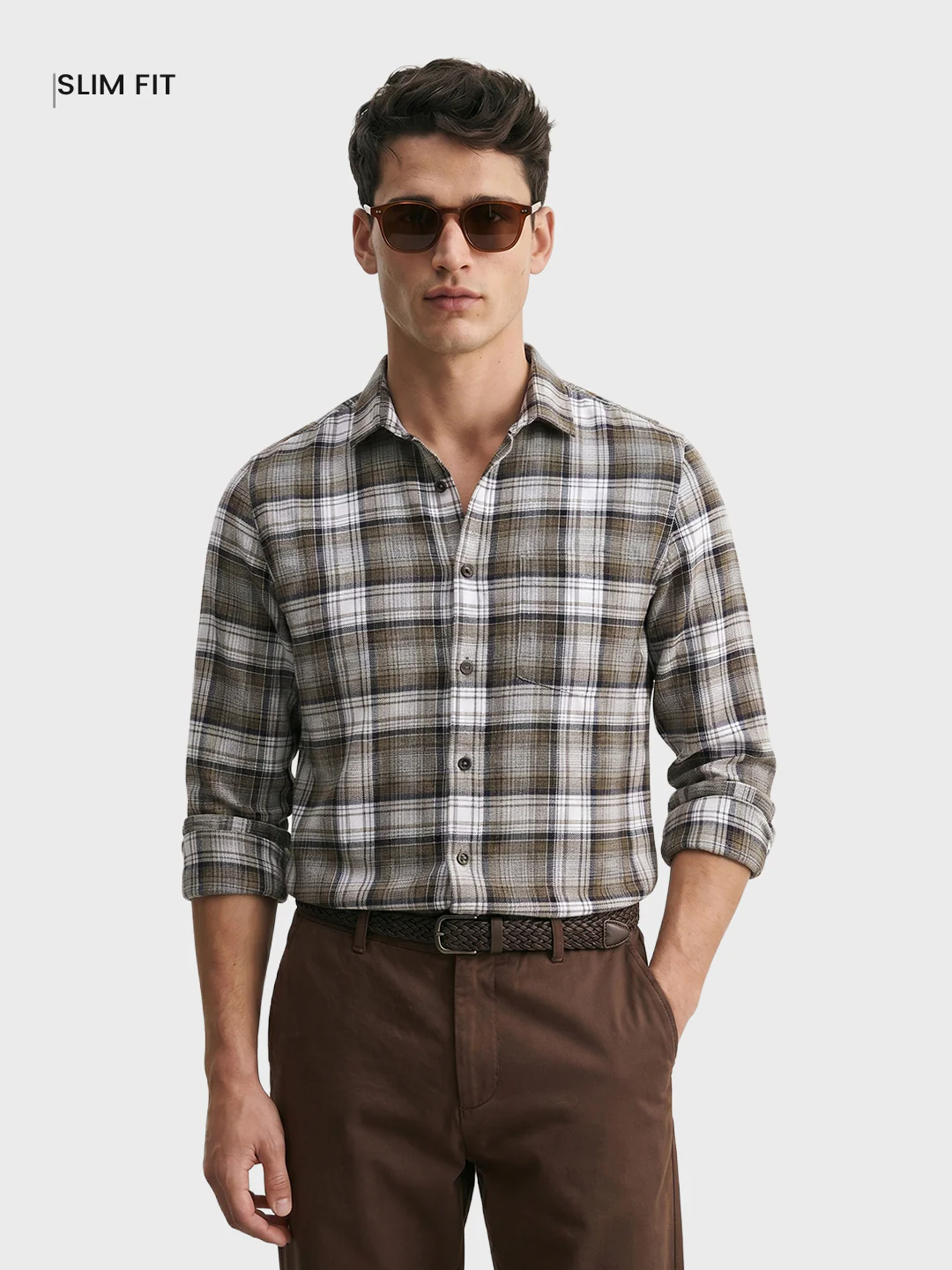 Men's Khaki Slim Fit Checkered Casual Shirt - Image 2