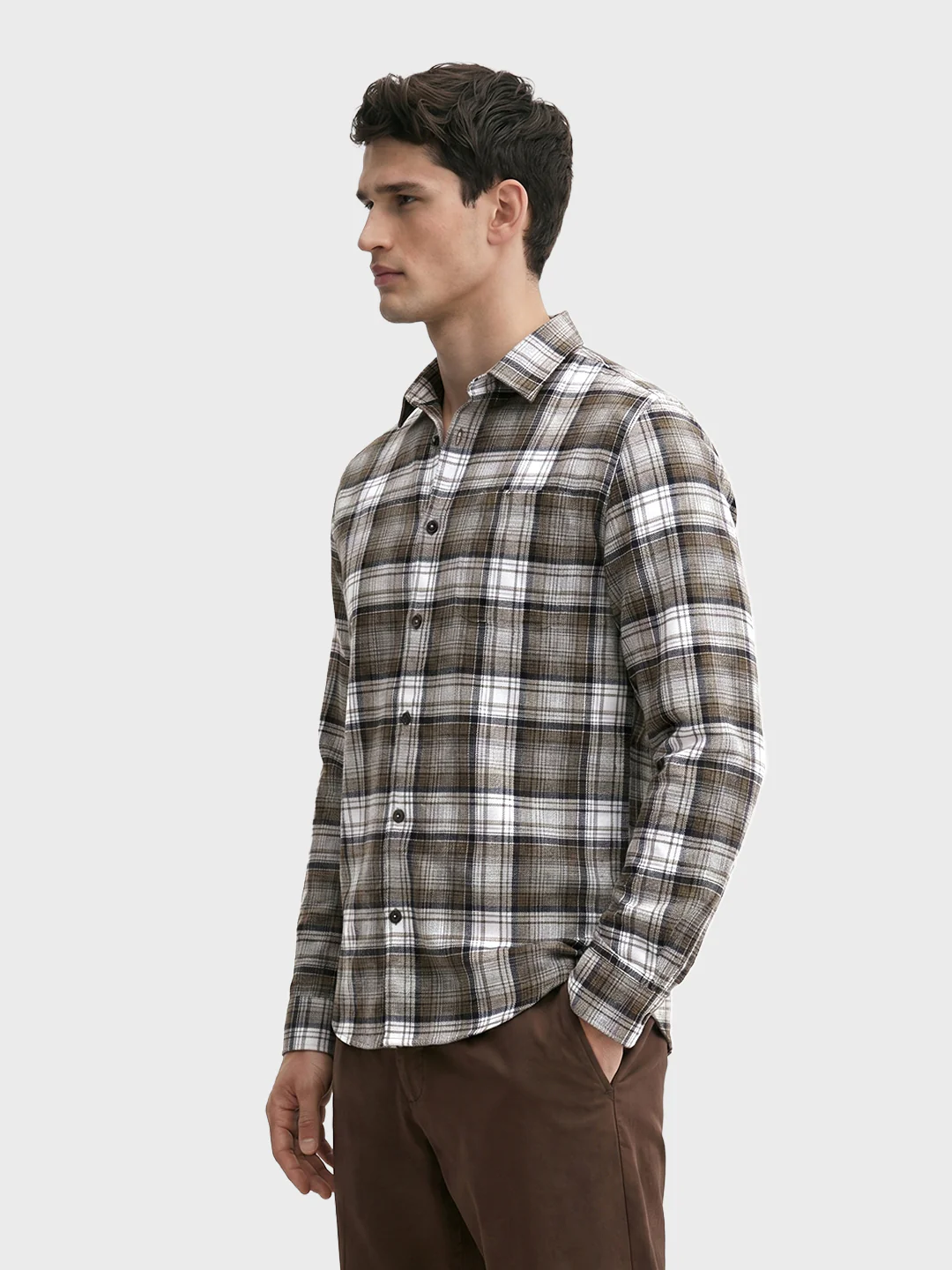 Men's Khaki Slim Fit Checkered Casual Shirt - Image 4