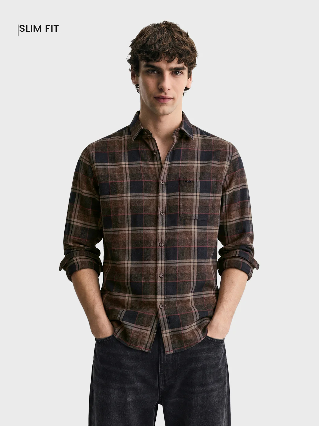 Men's Khaki Slim Fit Checkered Casual Shirt - Image 2