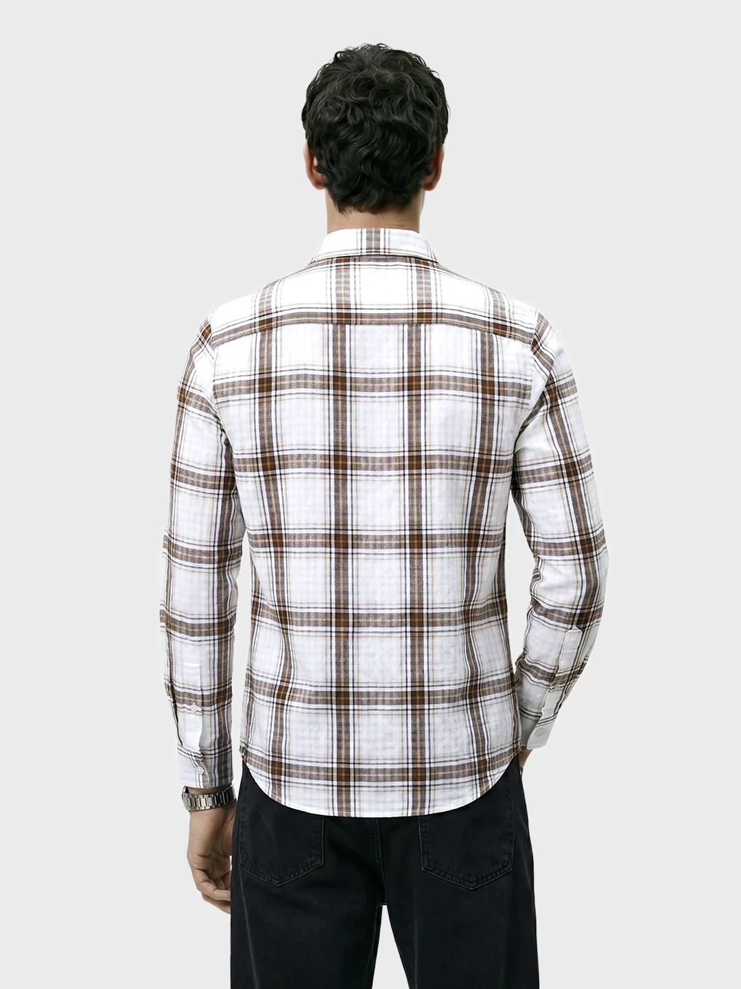 Men's Khaki Slim Fit Checkered Casual Shirt - Image 5