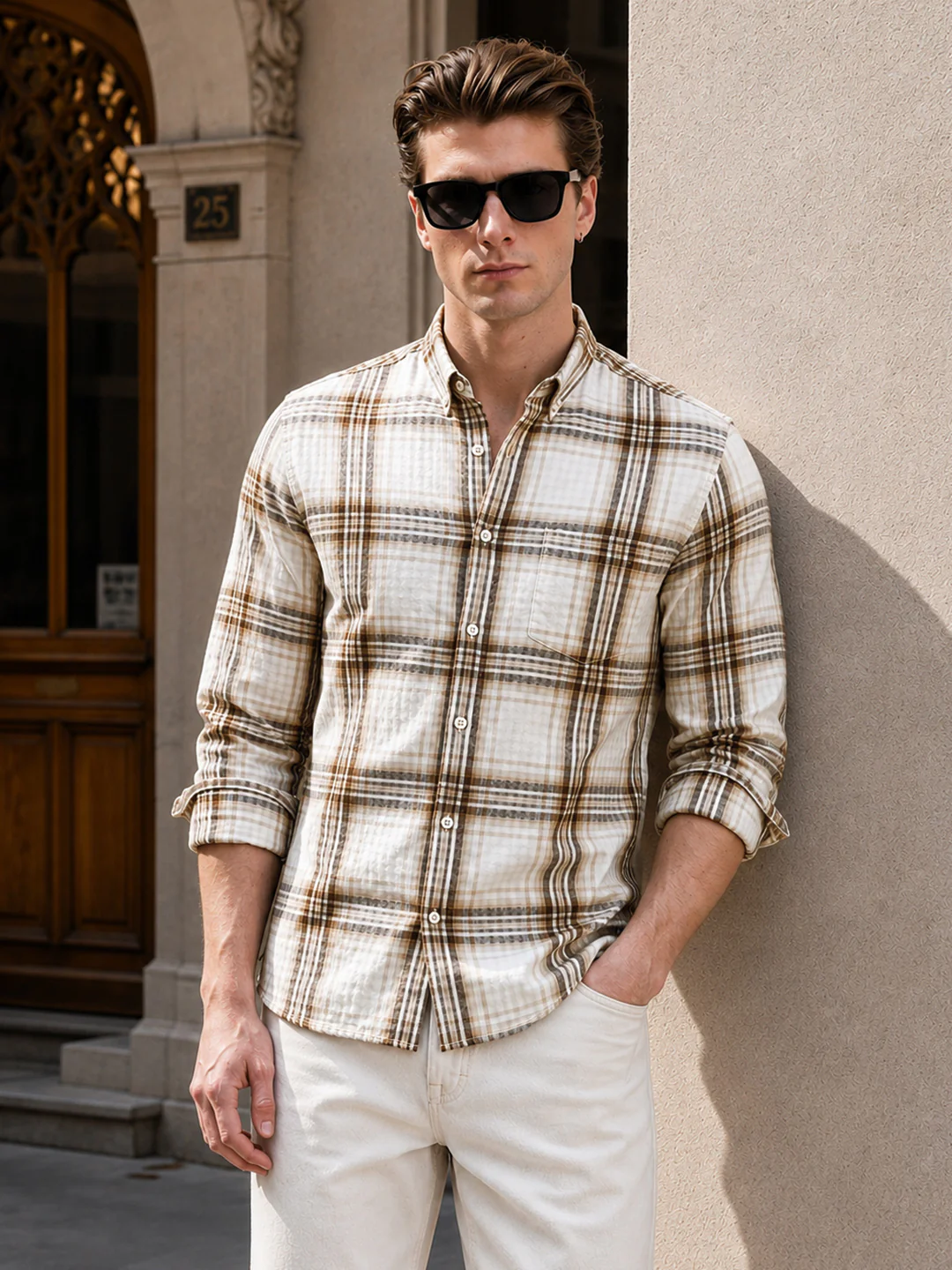 Men's Khaki Slim Fit Checkered Casual Shirt