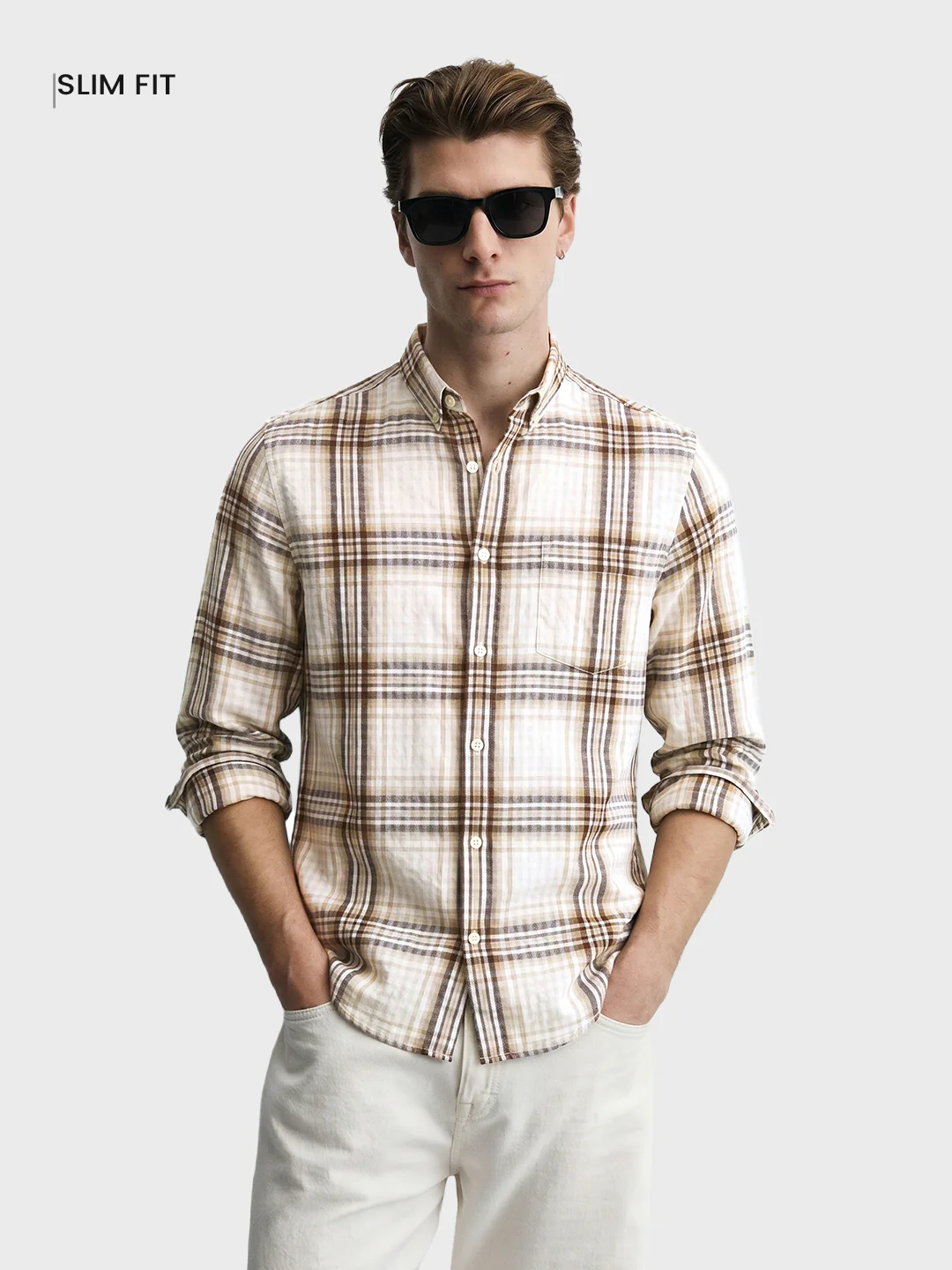 Men's Khaki Slim Fit Checkered Casual Shirt - Image 2