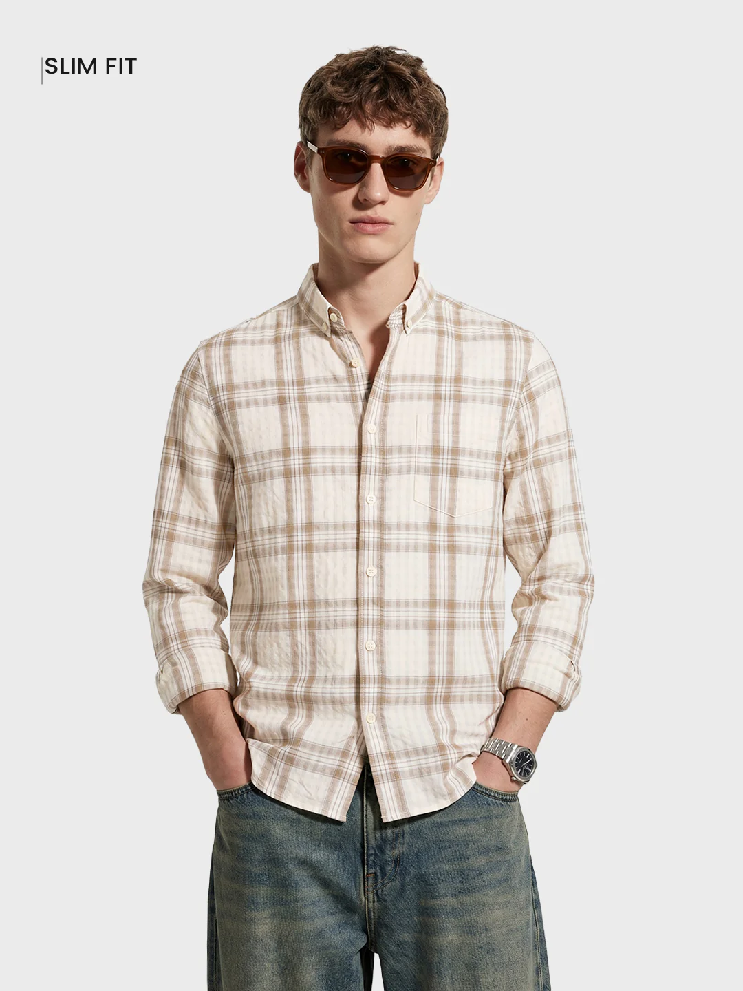 Men's Khaki Slim Fit Checkered Casual Shirt - Image 2