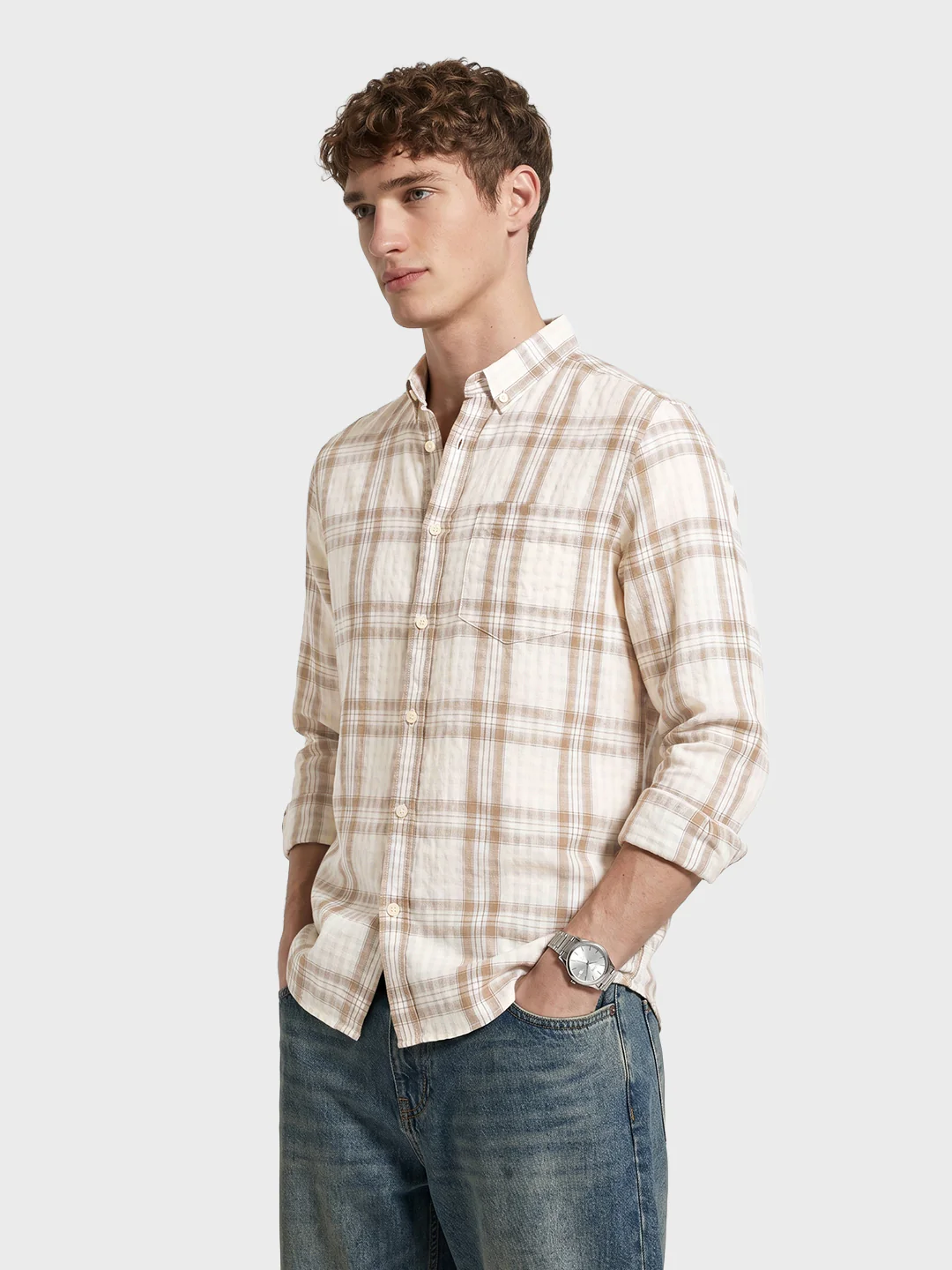 Men's Khaki Slim Fit Checkered Casual Shirt - Image 4