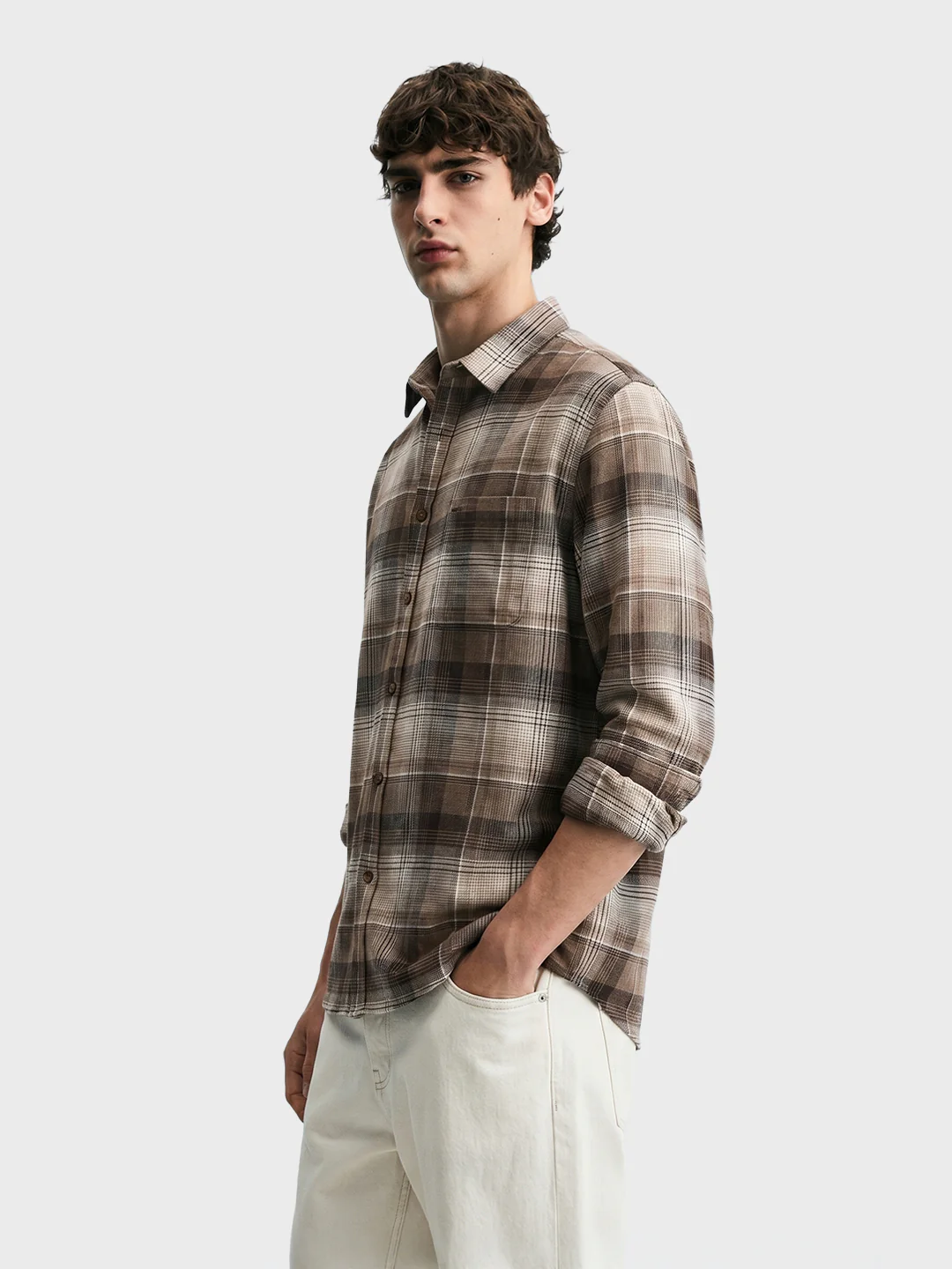 Men's Khaki Slim Fit Checkered Casual Shirt - Image 4