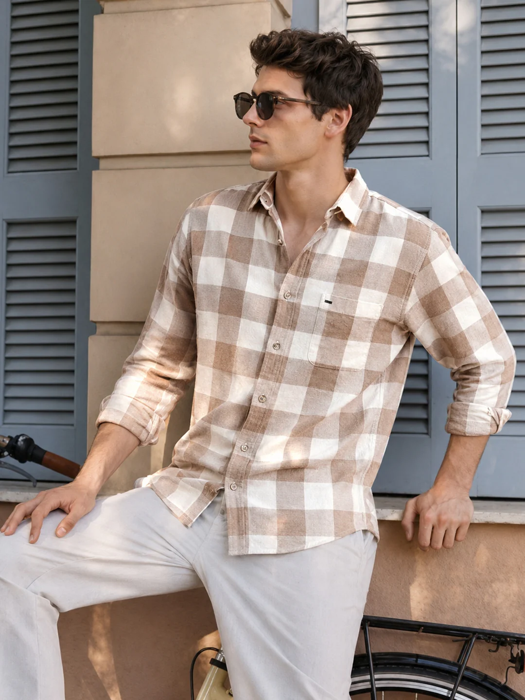 Men's Khaki Slim Fit Checkered Casual Shirt