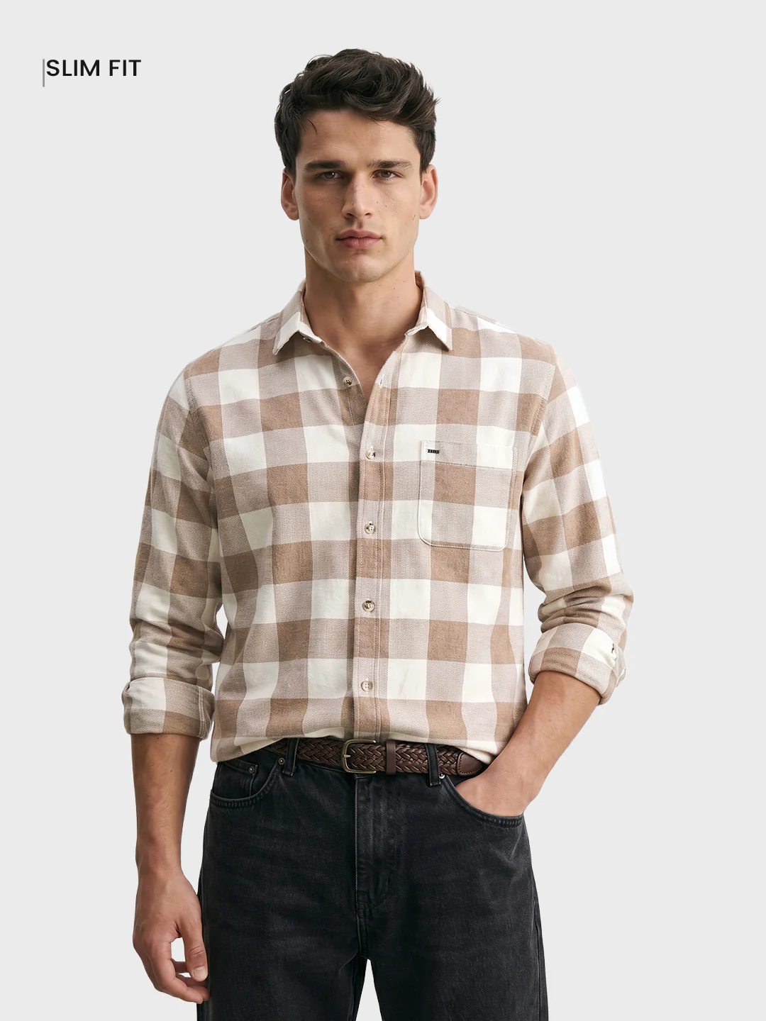 Men's Khaki Slim Fit Checkered Casual Shirt - Image 2