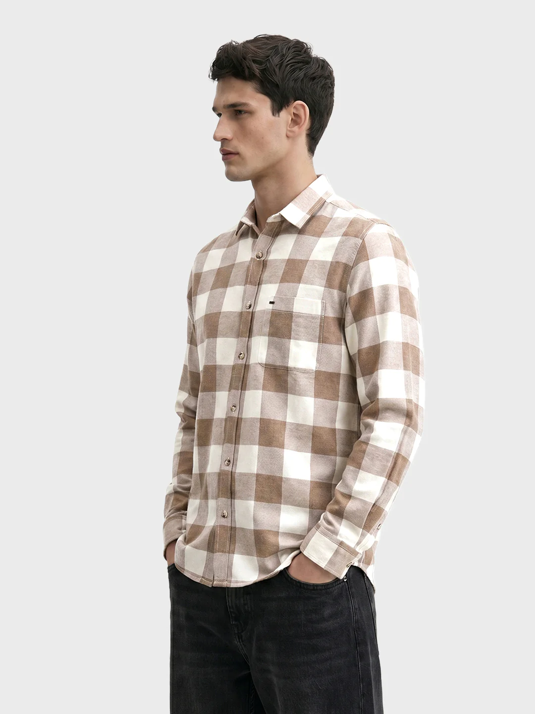 Men's Khaki Slim Fit Checkered Casual Shirt - Image 4
