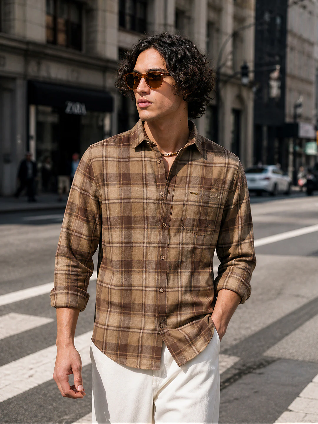 Men's Khaki Slim Fit Checkered Casual Shirt