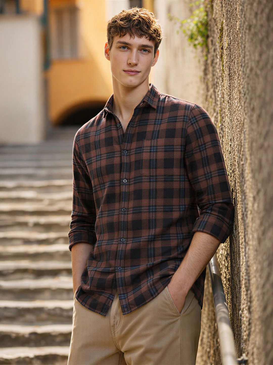 Men's Khaki Slim Fit Checkered Casual Shirt