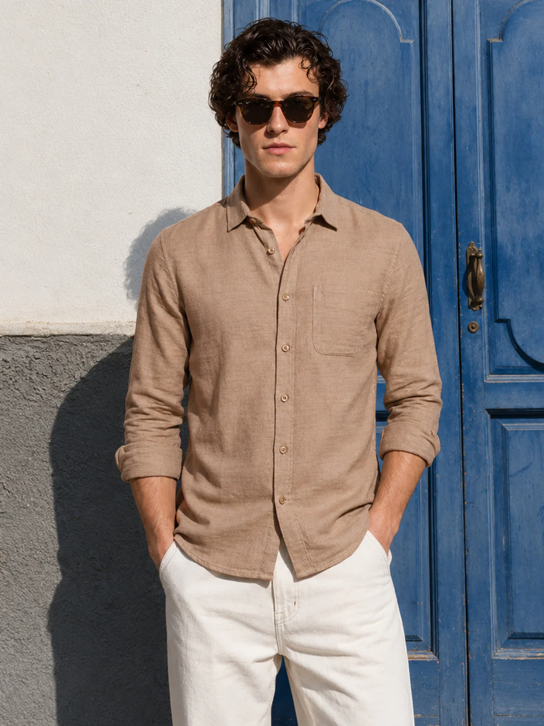Men's Khaki Slim Fit Solid Casual Shirt