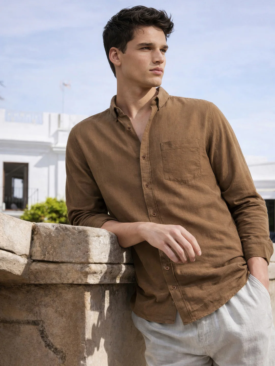 Men's Khaki Slim Fit Solid Casual Shirt