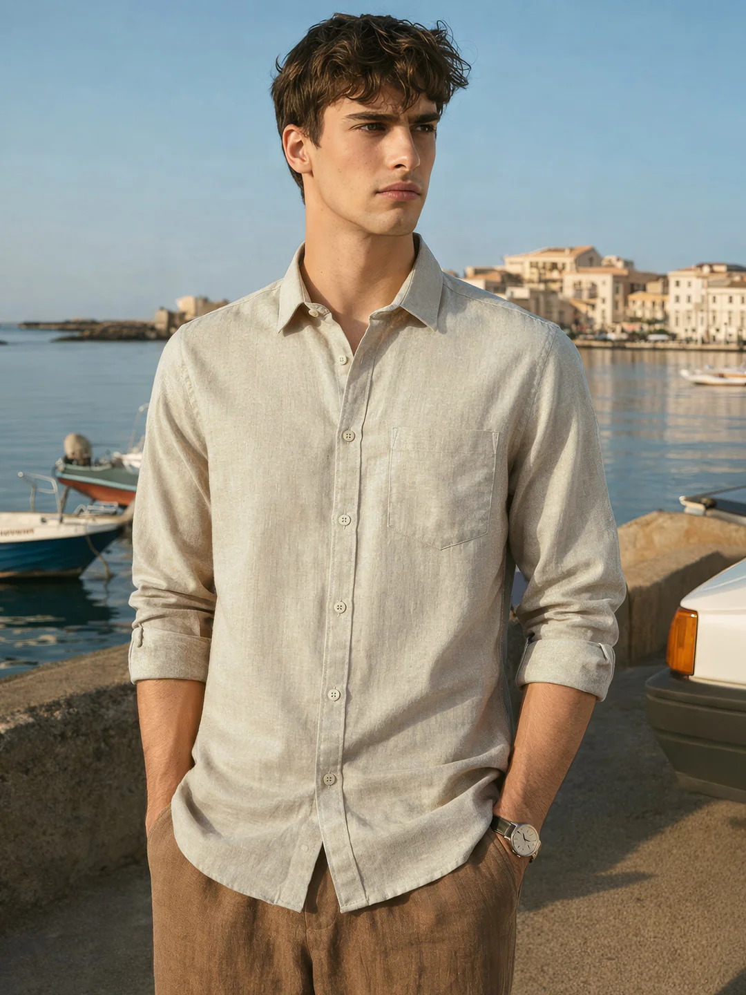 Men's Khaki Slim Fit Solid Casual Shirt