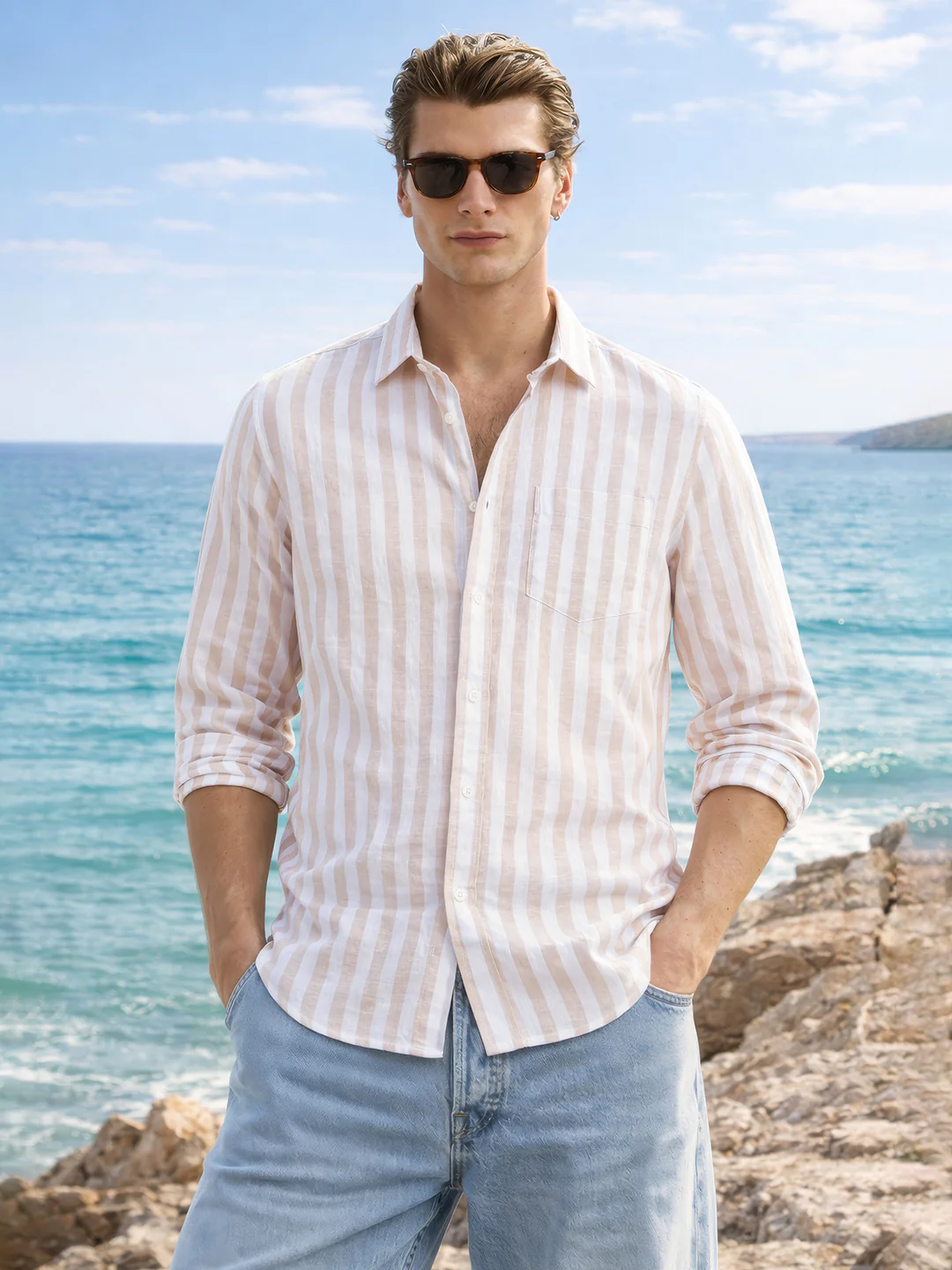 Men's Khaki Slim Fit Striped Casual Shirt