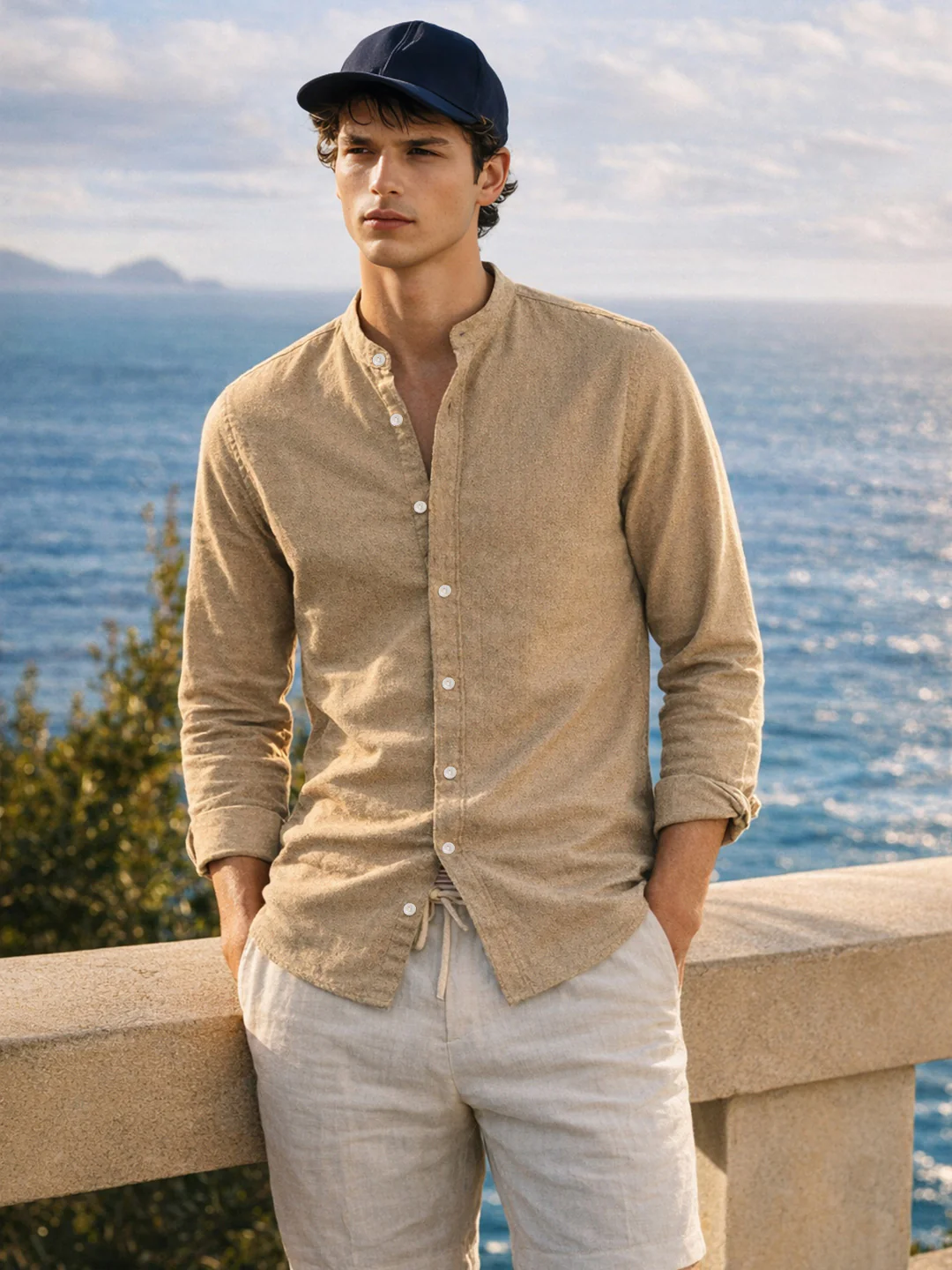 Men's Khaki Slim Fit Textured Casual Shirt