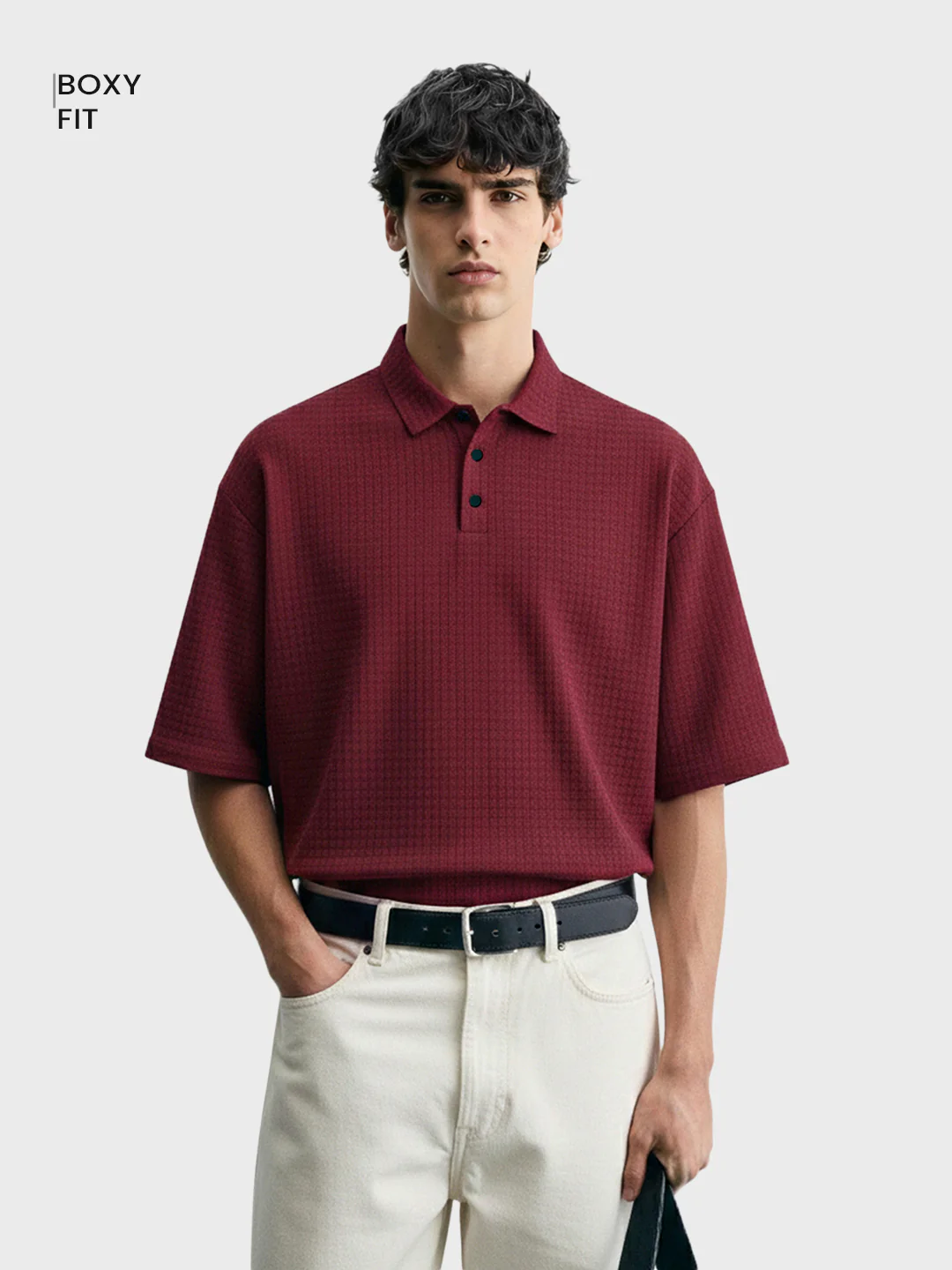 Men's Maroon Boxy Fit Textured Casual T-Shirt