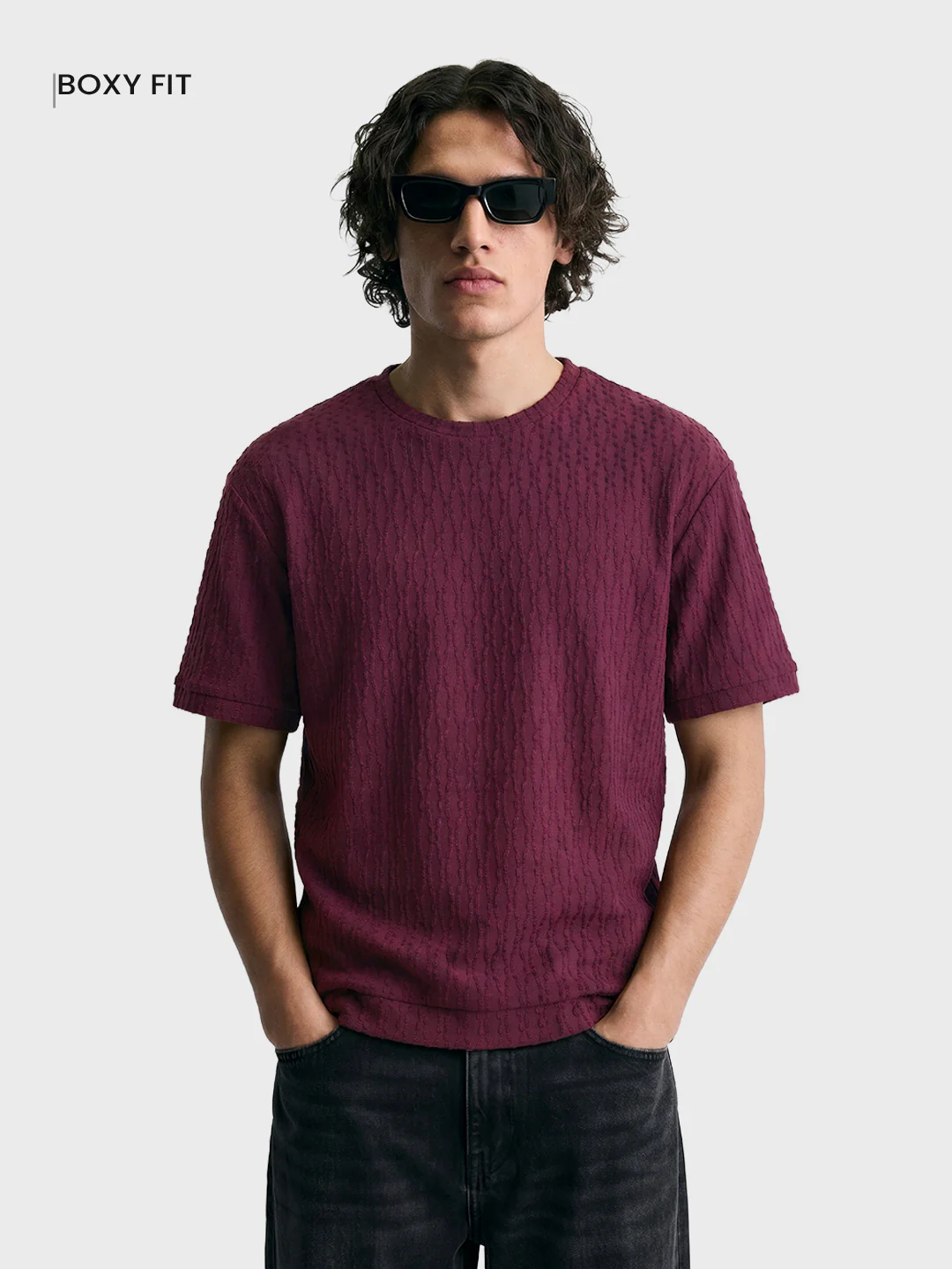 Men's Maroon Boxy Fit Textured Resort Wear T-Shirt