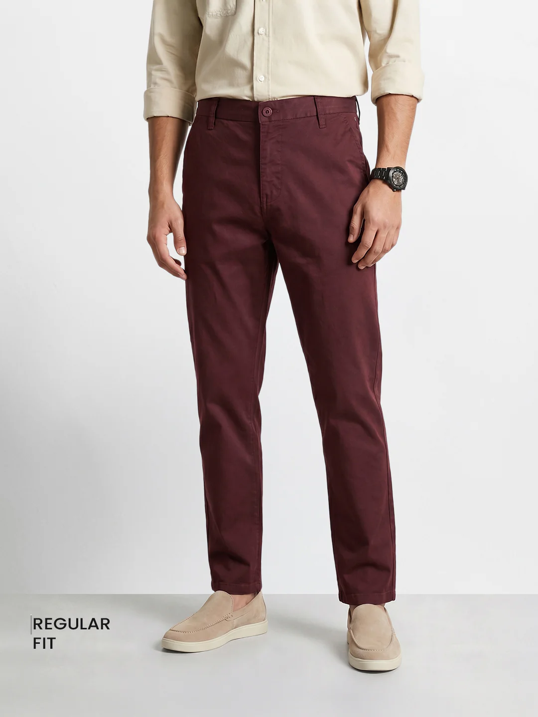 Men's Maroon Regular Fit Solid Casual Chinos - Image 2