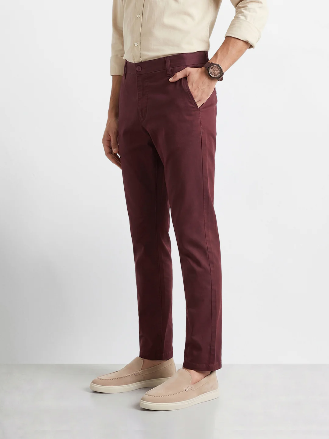 Men's Maroon Regular Fit Solid Casual Chinos - Image 4