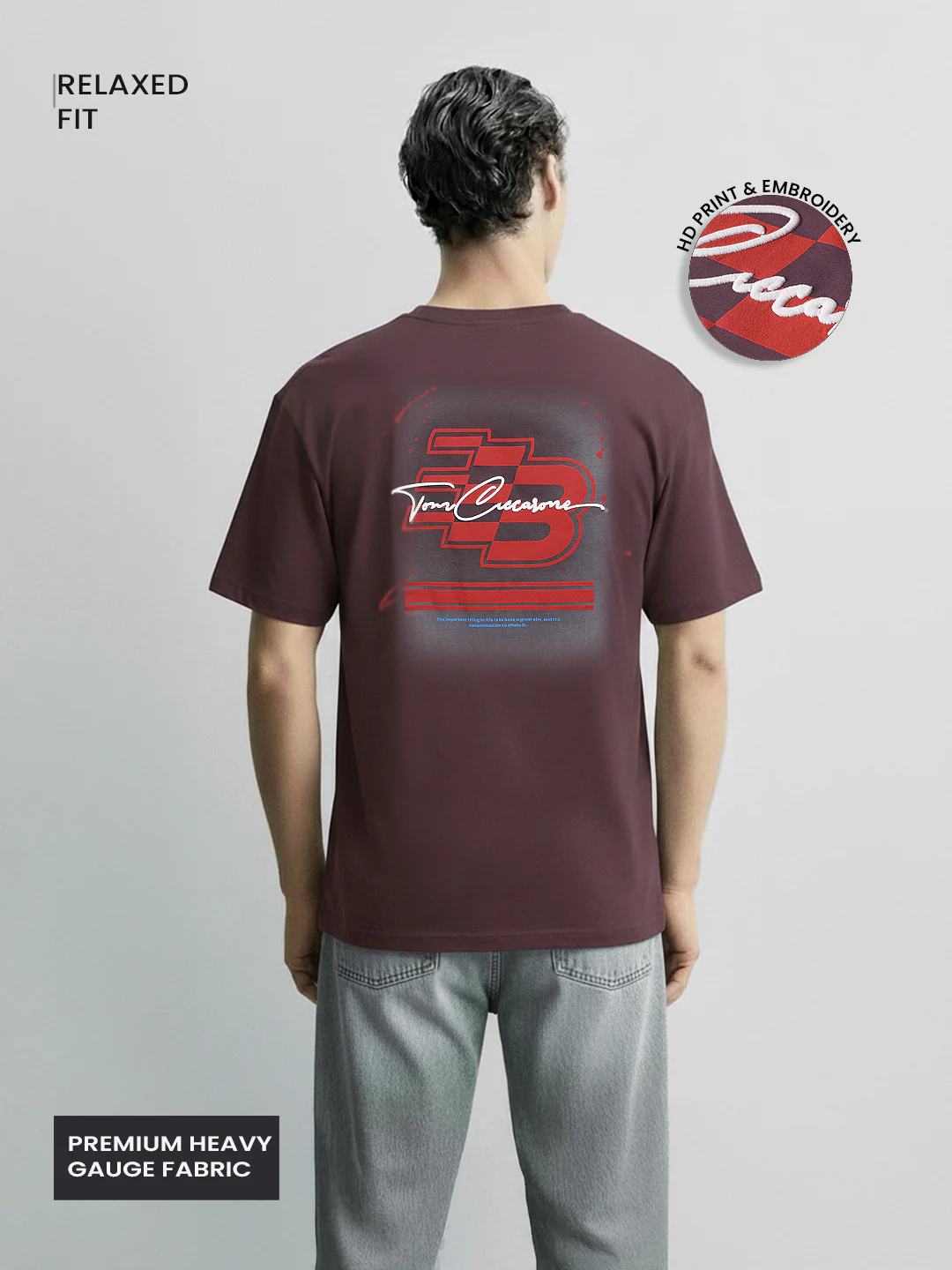 Men's Maroon Relaxed Fit Embroided 240 GSM Casual T-Shirt - Image 2